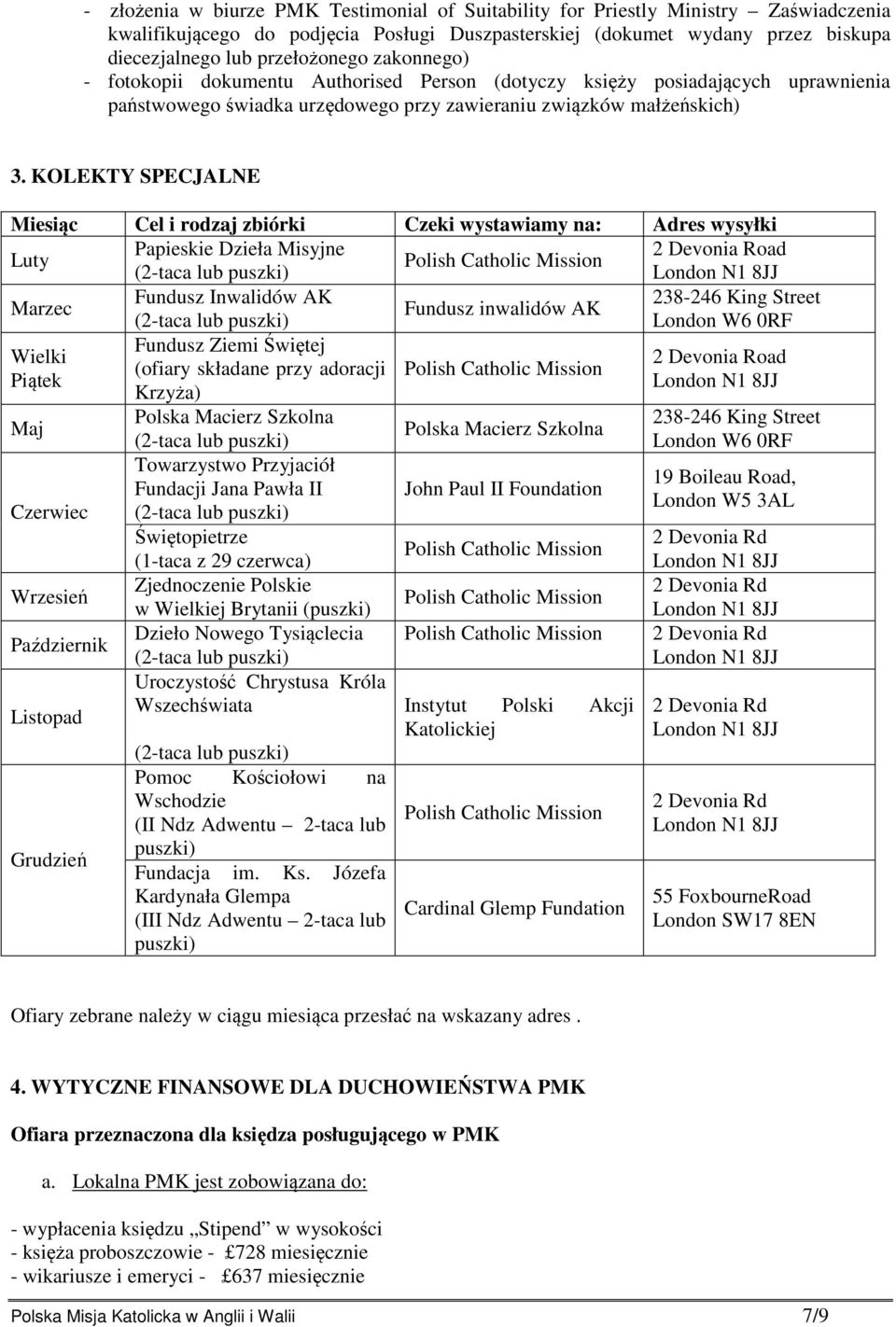 KOLEKTY SPECJALNE Miesiąc Cel i rodzaj zbiórki Czeki wystawiamy na: Adres wysyłki Luty Papieskie Dzieła Misyjne 2 Devonia Road Marzec Fundusz Inwalidów AK 238-246 King Street Fundusz inwalidów AK