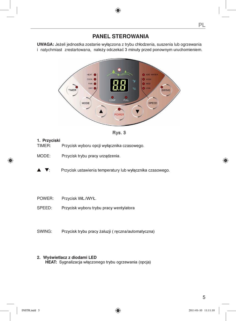 : Przycisk ustawienia temperatury lub wyłącznika czasowego. POWER: SPEED: Przycisk WŁ./WYŁ.