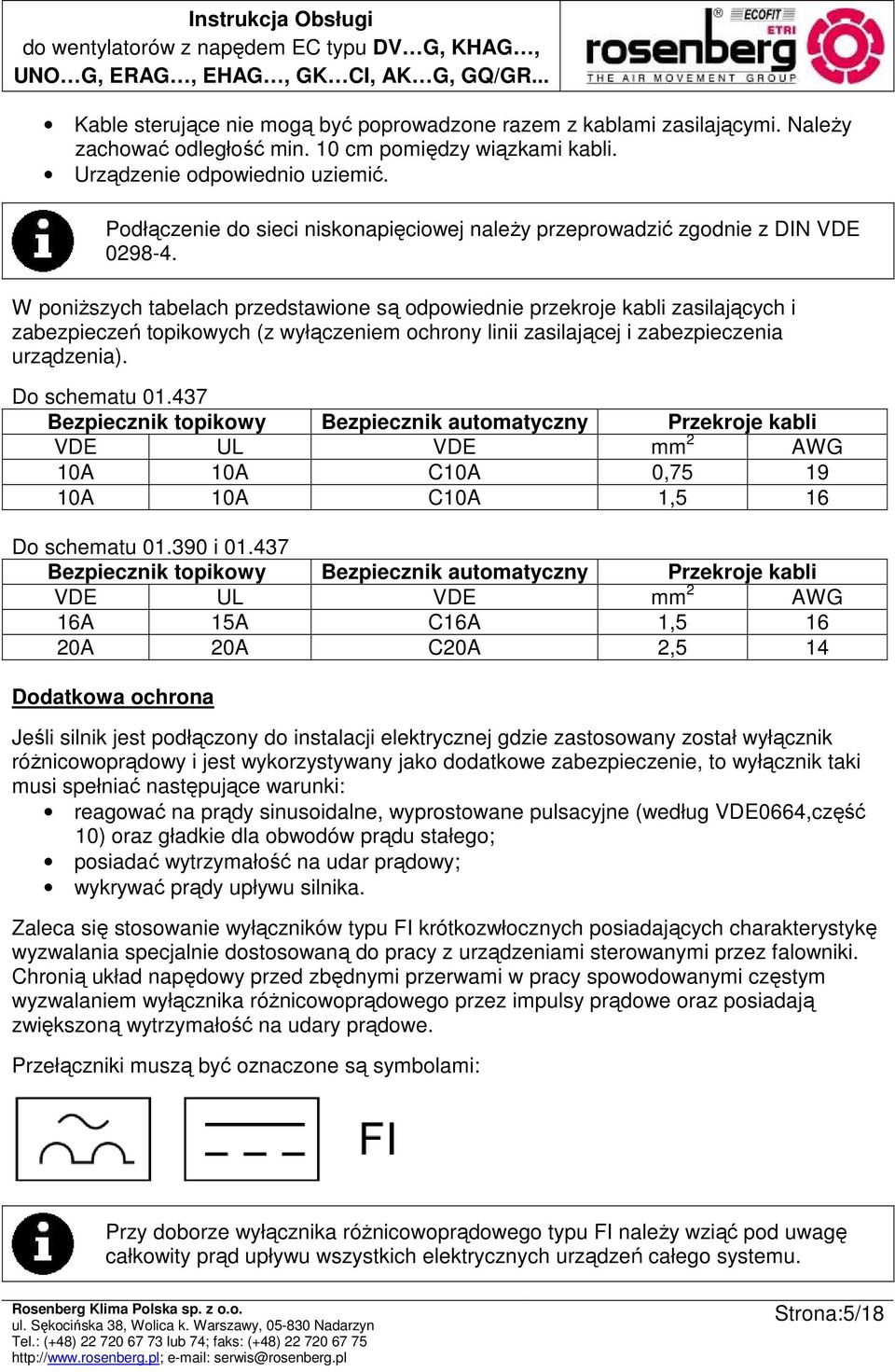 W poniŝszych tabelach przedstawione są odpowiednie przekroje kabli zasilających i zabezpieczeń topikowych (z wyłączeniem ochrony linii zasilającej i zabezpieczenia urządzenia). Do schematu 01.