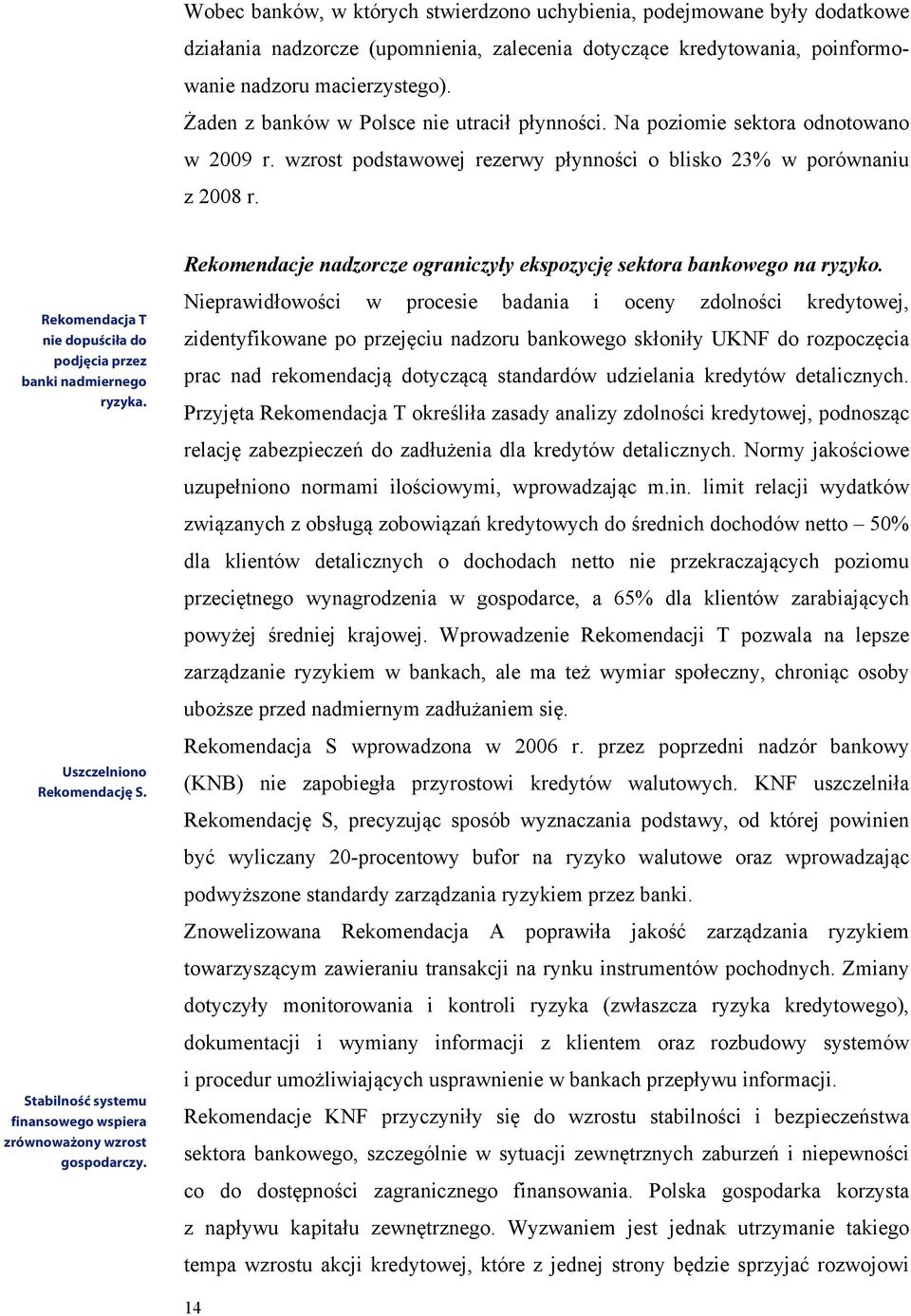 Rekomendacja T nie dopuściła do podjęcia przez banki nadmiernego ryzyka. Uszczelniono Rekomendację S. Stabilność systemu finansowego wspiera zrównoważony wzrost gospodarczy.