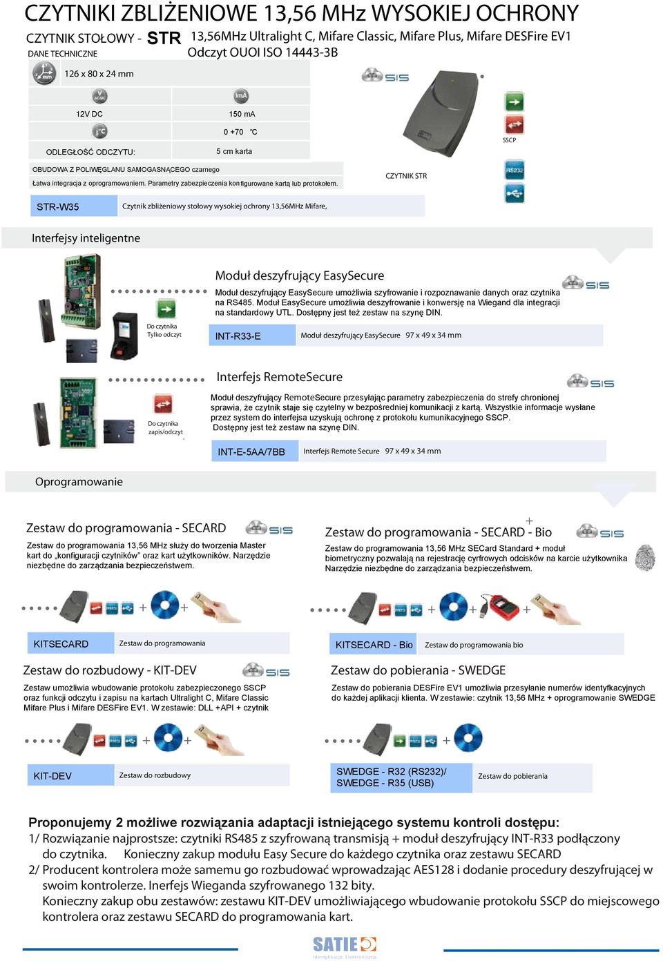 CZYTNIK STR STR-W35 Czytnik zbliżeniowy stołowy wysokiej ochrony 13,56MHz Mifare, Interfejsy inteligentne Do czytnika Tylko odczyt Moduł deszyfrujący EasySecure Moduł deszyfrujący EasySecure