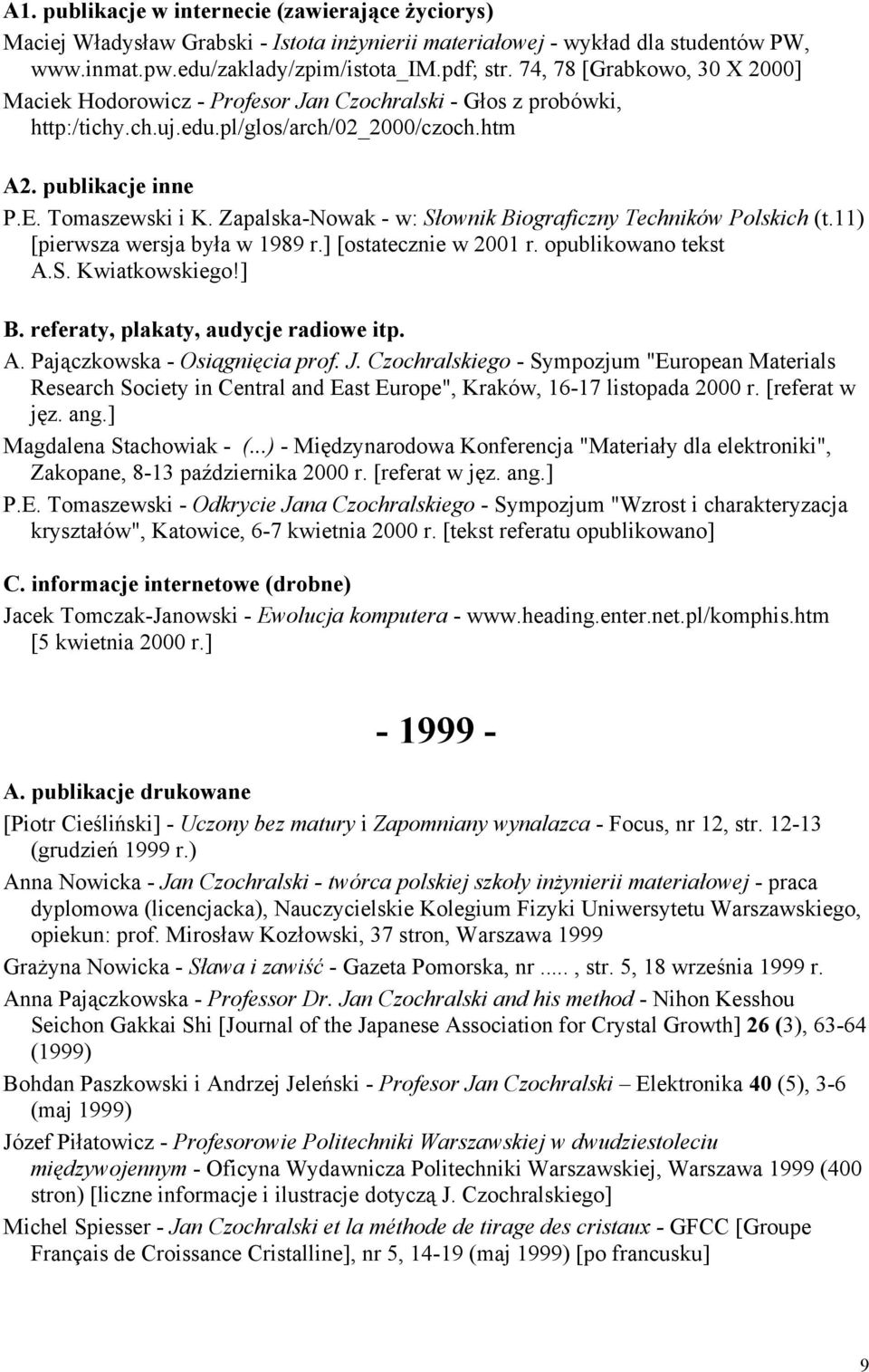 Zapalska-Nowak - w: Słownik Biograficzny Techników Polskich (t.11) [pierwsza wersja była w 1989 r.] [ostatecznie w 2001 r. opublikowano tekst A.S. Kwiatkowskiego!] A. Pajączkowska - Osiągnięcia prof.