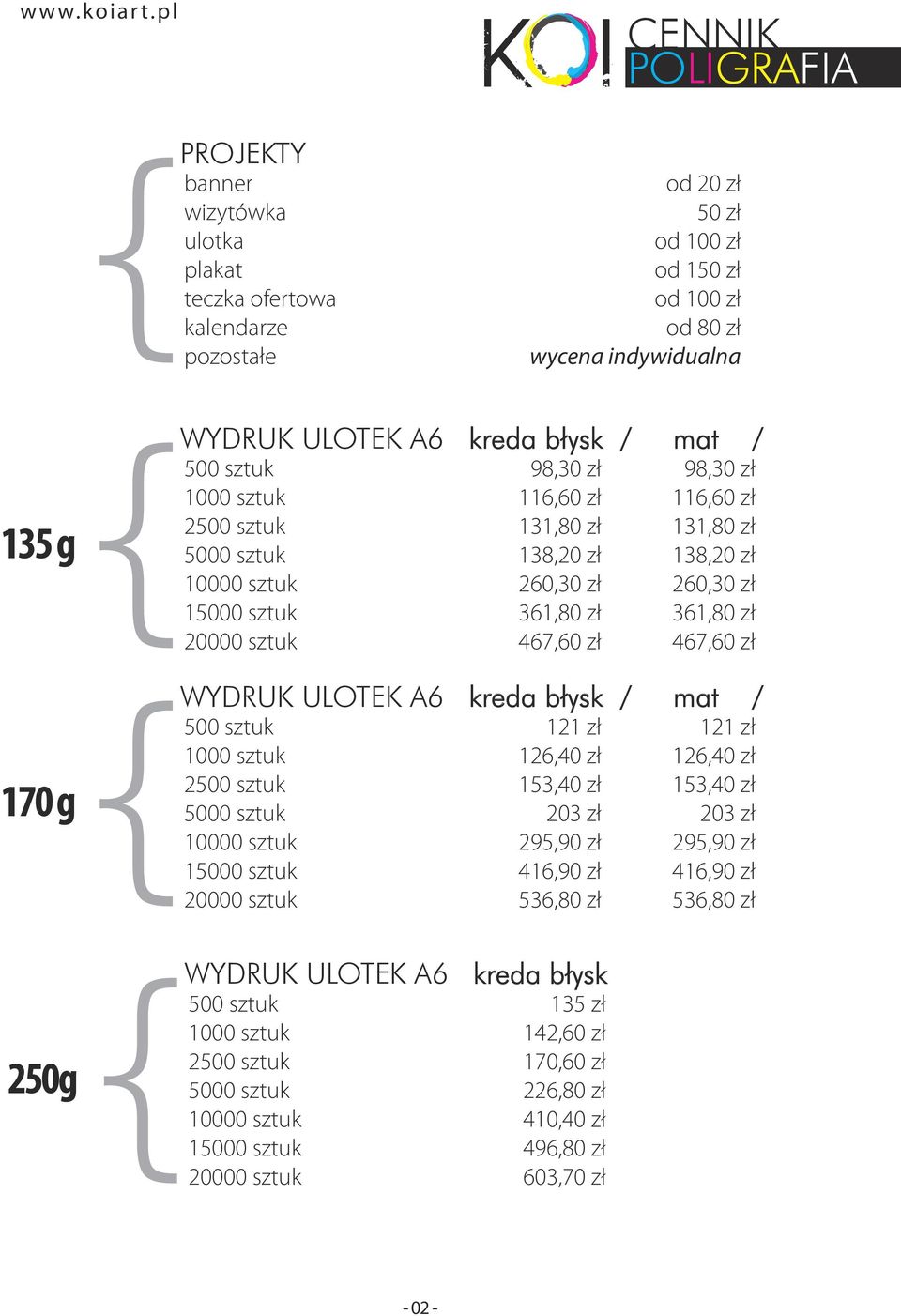 zł 260,30 zł 361,80 zł 467,60 zł WYDRUK ULOTEK A6 kreda błysk / mat / 2 1 121 zł 126,40 zł 153,40 zł 203 zł 295,90 zł 416,90 zł 536,80 zł WYDRUK ULOTEK