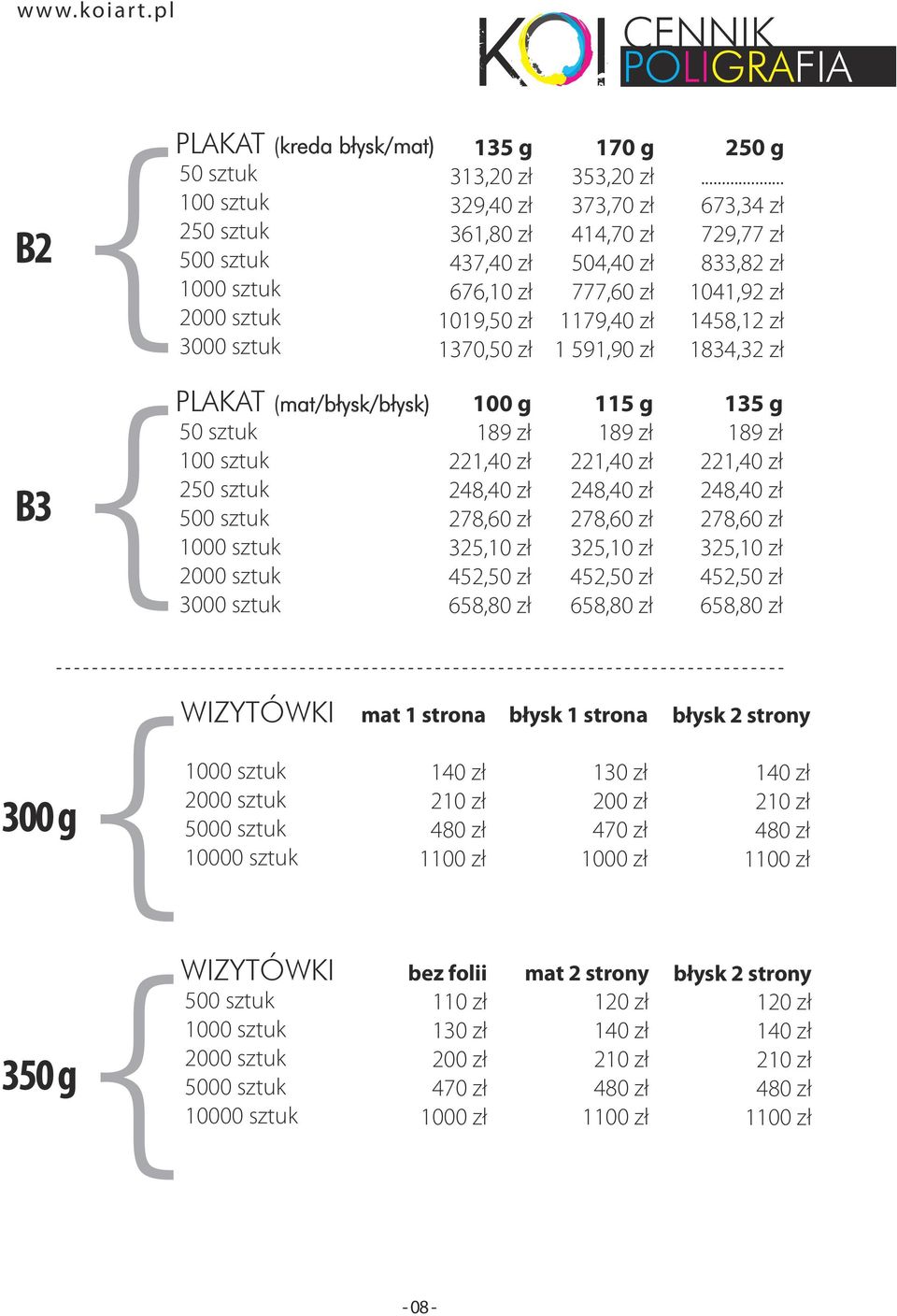 .. 673,34 zł 729,77 zł 833,82 zł 1041,92 zł 1458,12 zł 1834,32 zł B3 PLAKAT (mat/błysk/błysk) 50 sztuk 100 sztuk 3000 sztuk 100 g 189 zł 221,40 zł 248,40 zł 278,60 zł 325,10 zł 452,50 zł 658,80 zł