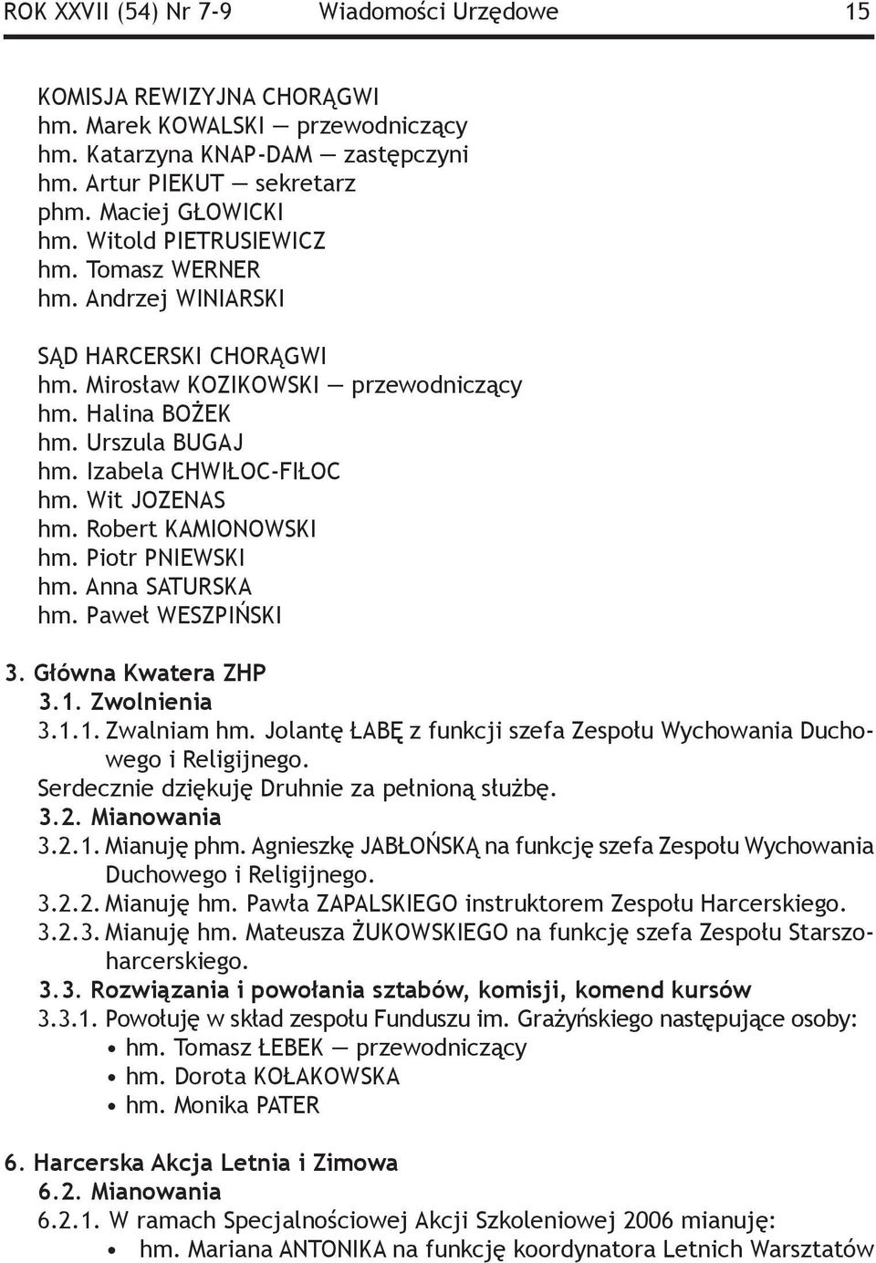 Wit JOZENAS hm. Robert KAMIONOWSKI hm. Piotr PNIEWSKI hm. Anna SATURSKA hm. Paweł WESZPIŃSKI 3. Główna Kwatera ZHP 3.1. Zwolnienia 3.1.1. Zwalniam hm.