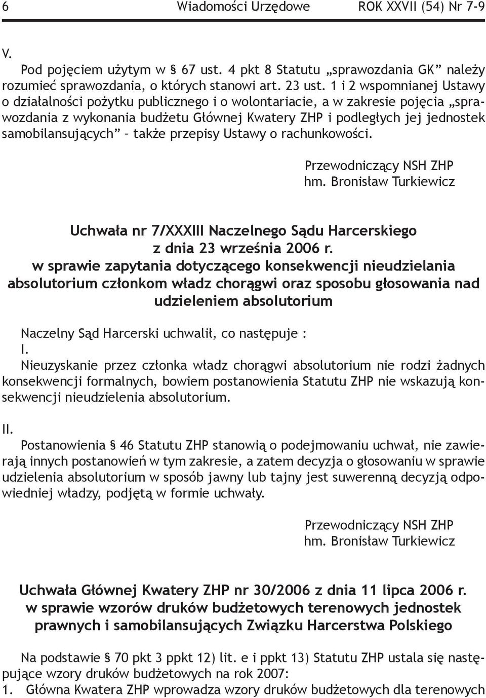 także przepisy Ustawy o rachunkowości. Przewodniczący NSH ZHP hm. Bronisław Turkiewicz Uchwała nr 7/XXXIII Naczelnego Sądu Harcerskiego z dnia 23 września 2006 r.