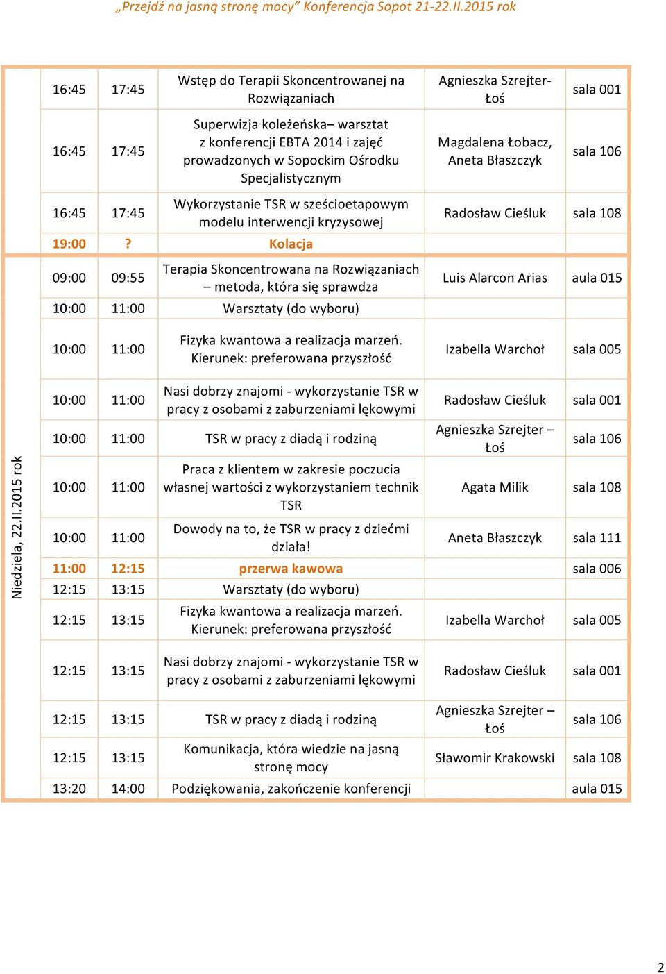 Kolacja 09:00 09:55 Terapia Skoncentrowana na Rozwiązaniach metoda, która się sprawdza 10:00 11:00 Warsztaty (do wyboru) Agnieszka Szrejter- Łoś Magdalena Łobacz, Aneta Błaszczyk Luis Alarcon Arias