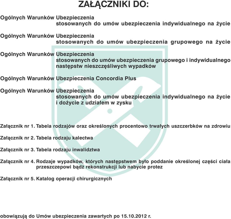 stosowanych do umów ubezpieczenia indywidualnego na życie i dożycie z udziałem w zysku Załącznik nr 1. Tabela rodzajów oraz określonych procentowo trwałych uszczerbków na zdrowiu Załącznik nr 2.