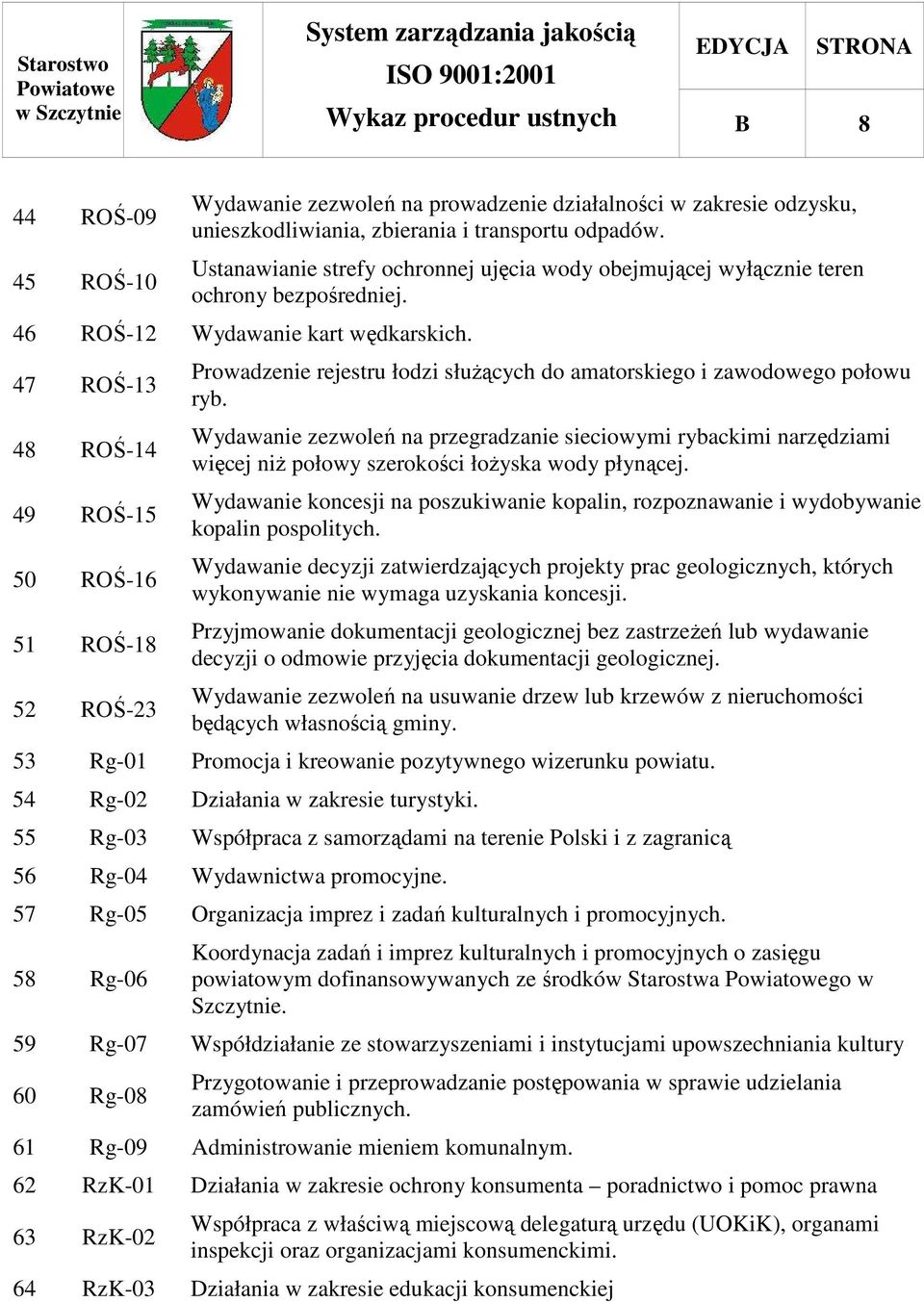 47 ROŚ-13 48 ROŚ-14 49 ROŚ-15 50 ROŚ-16 51 ROŚ-18 52 ROŚ-23 Prowadzenie rejestru łodzi słuŝących do amatorskiego i zawodowego połowu ryb.