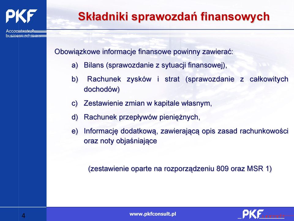 c) Zestawienie zmian w kapitale własnym, d) Rachunek przepływów pieniężnych, e) Informację dodatkową,