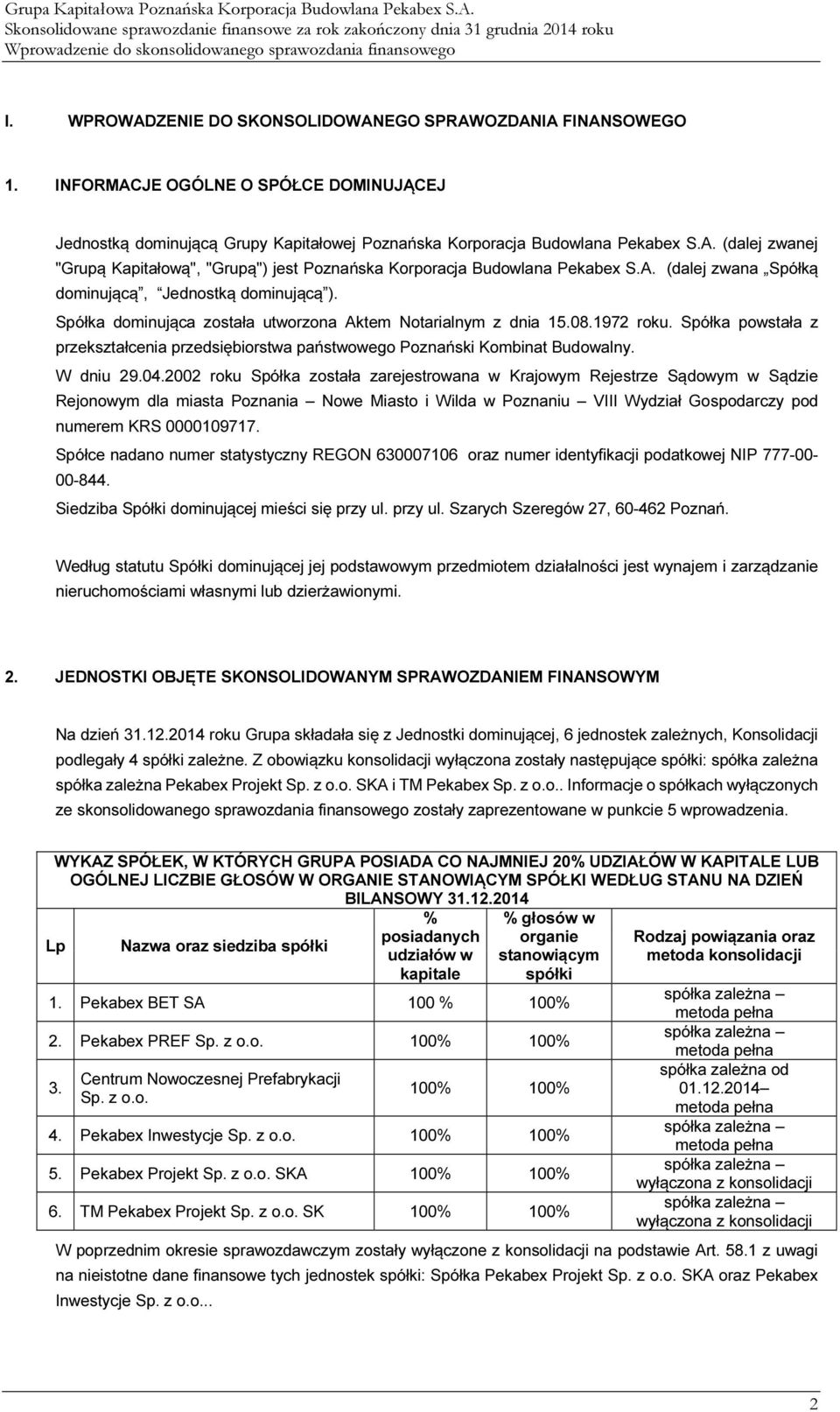 A. (dalej zwana Spółką dominującą, Jednostką dominującą ). Spółka dominująca została utworzona Aktem Notarialnym z dnia 15.08.1972 roku.