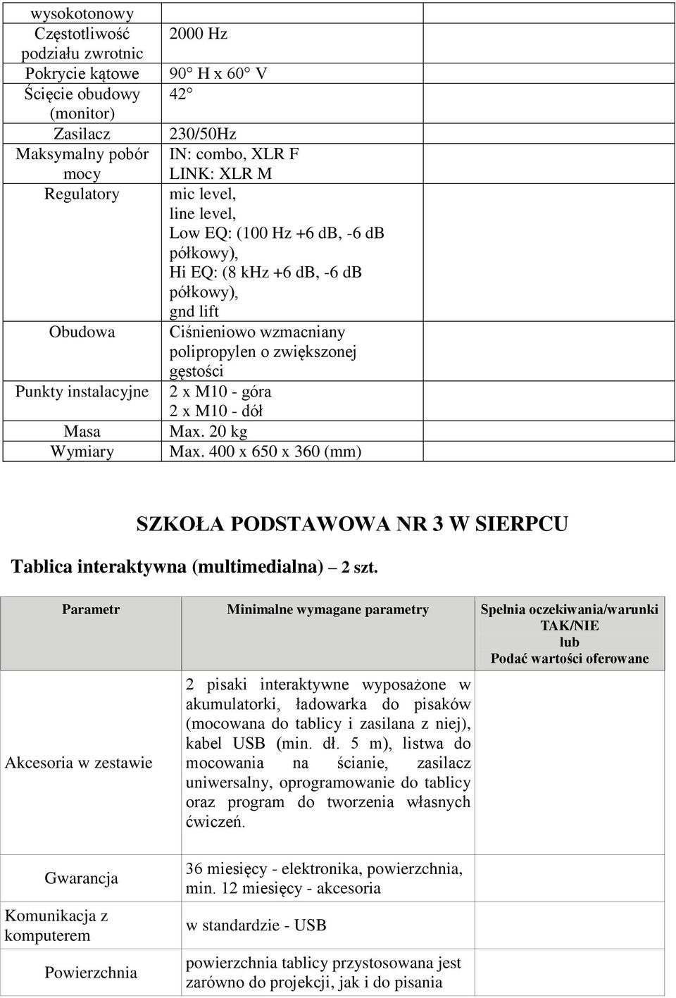 gęstości 2 x M10 - góra 2 x M10 - dół Max. 20 kg Max. 400 x 650 x 360 (mm) SZKOŁA PODSTAWOWA NR 3 W SIERPCU Tablica interaktywna (multimedialna) 2 szt.