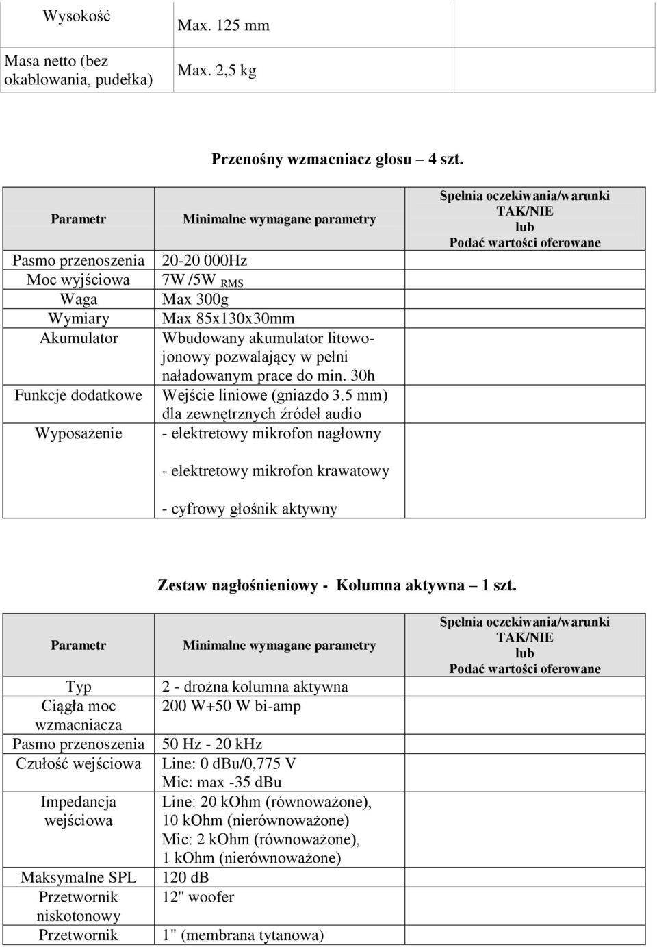 litowojonowy pozwalający w pełni naładowanym prace do min. 30h Wejście liniowe (gniazdo 3.