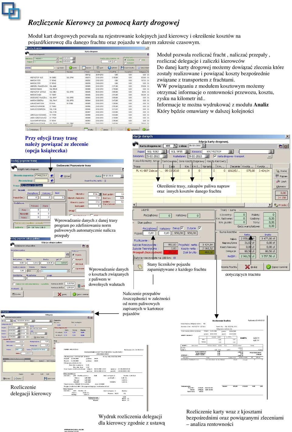 Moduł pozwala rozliczać fracht, naliczać przepały, rozliczać delegacje i zaliczki kierowców Do danej karty drogowej moŝemy dowiązać zlecenia które zostały realizowane i powiązać koszty bezpośrednie