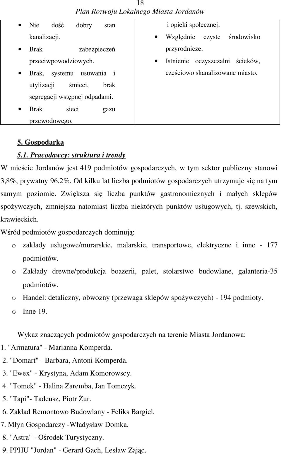 Pracodawcy: struktura i trendy W miecie Jordanów jest 419 podmiotów gospodarczych, w tym sektor publiczny stanowi 3,8%, prywatny 96,2%.