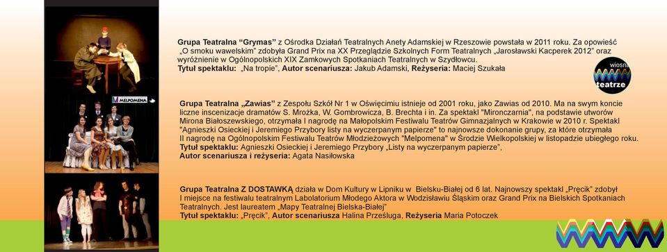 Szydłowcu. Tytuł spektaklu: Na tropie, Autor scenariusza: Jakub Adamski, Reżyseria: Maciej Szukała Grupa Teatralna Zawias z Zespołu Szkół Nr 1 w Oświęcimiu istnieje od 2001 roku, jako Zawias od 2010.