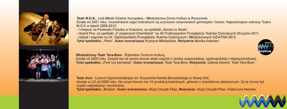 K w latach 2009-2012: - I miejsce na Festiwalu Fraszka w Krasnem, za spektakl Akond ze Swak, - Grand Prix- za spektakl O żeglarzach Dżamblach na 40 Podkarpackim Przeglądzie Teatrów Dziecięcych