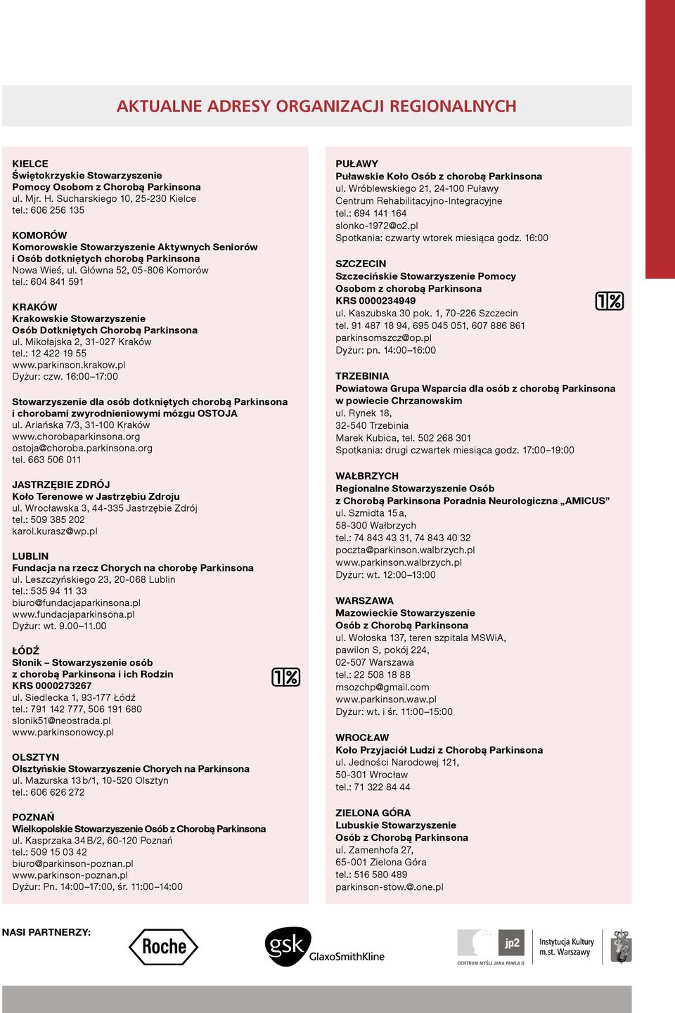 : 604 841 591 KRAKÓW Krakowskie Stowarzyszenie Osób Dotkniętych Chorobą Parkinsona ul. Mikołajska 2, 31-027 Kraków tel.: 12 422 19 55 www.parkinson.krakow.pl Dyżur: czw.