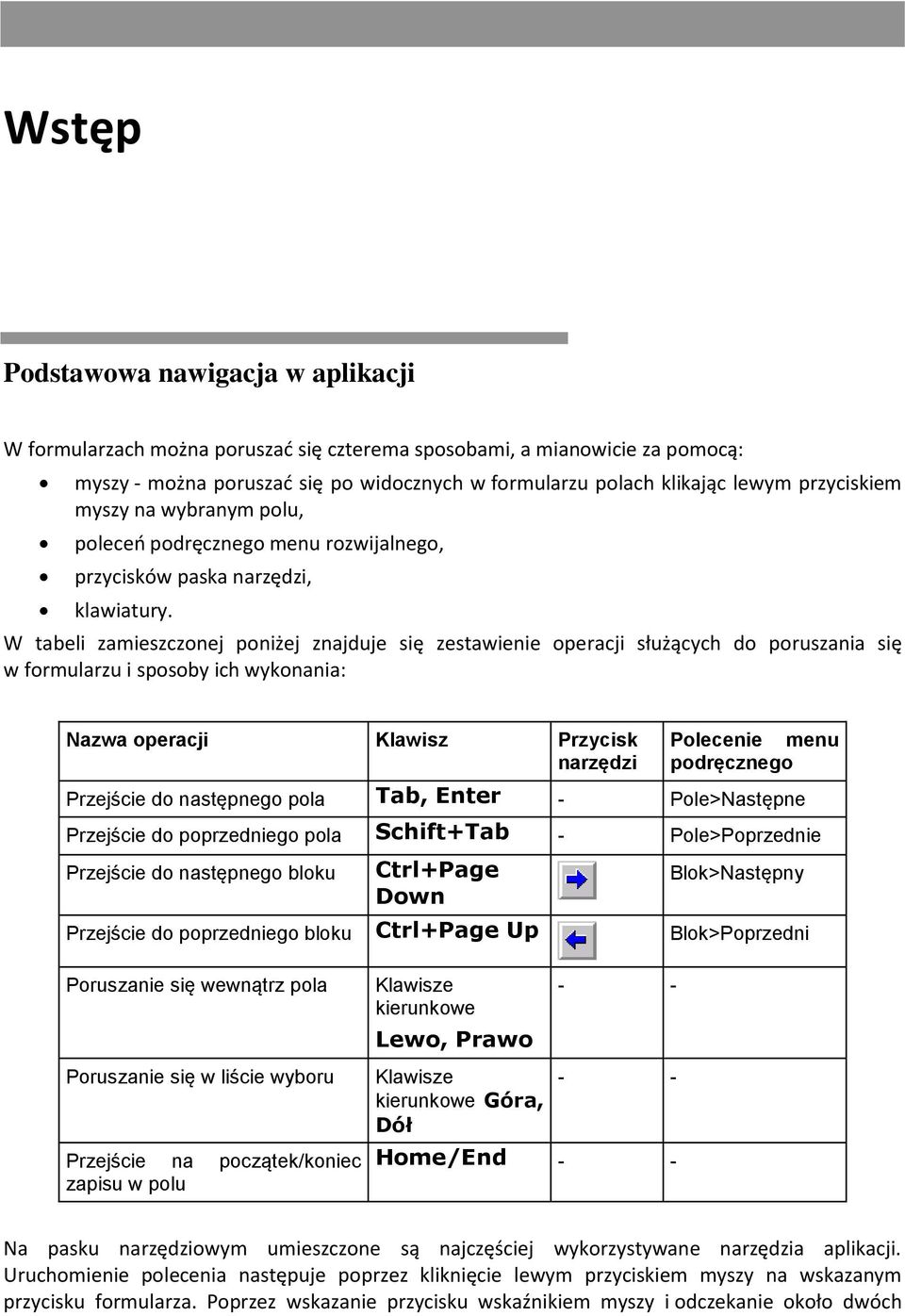 W tabeli zamieszczonej poniżej znajduje się zestawienie operacji służących do poruszania się w formularzu i sposoby ich wykonania: Nazwa operacji Klawisz Przycisk narzędzi Polecenie menu podręcznego