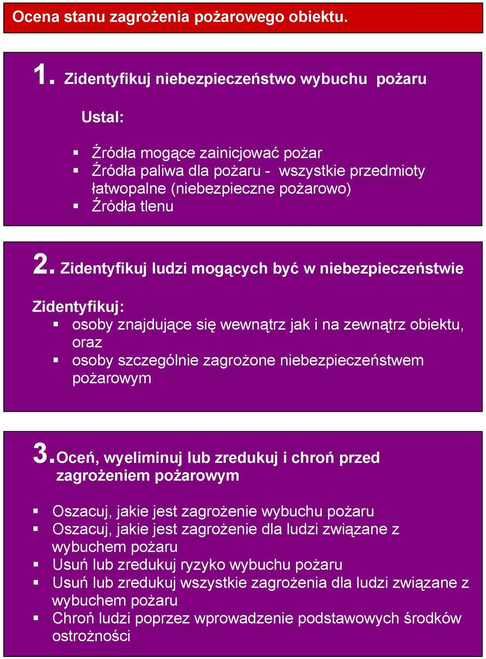 Zidentyfikuj ludzi mogących być w niebezpieczeństwie Zidentyfikuj: osoby znajdujące się wewnątrz jak i na zewnątrz obiektu, oraz osoby szczególnie zagrożone niebezpieczeństwem pożarowym 3.