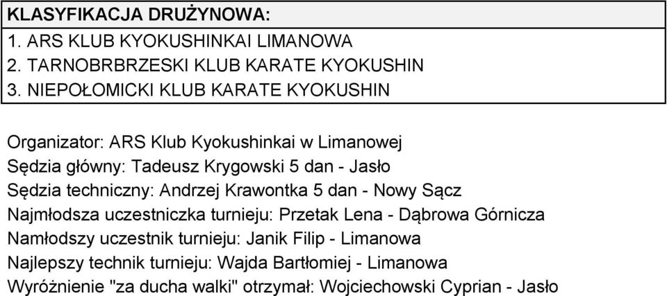 Sędzia techniczny: Andrzej Krawontka 5 dan - Nowy Sącz Najmłodsza uczestniczka turnieju: Przetak Lena - Dąbrowa Górnicza Namłodszy