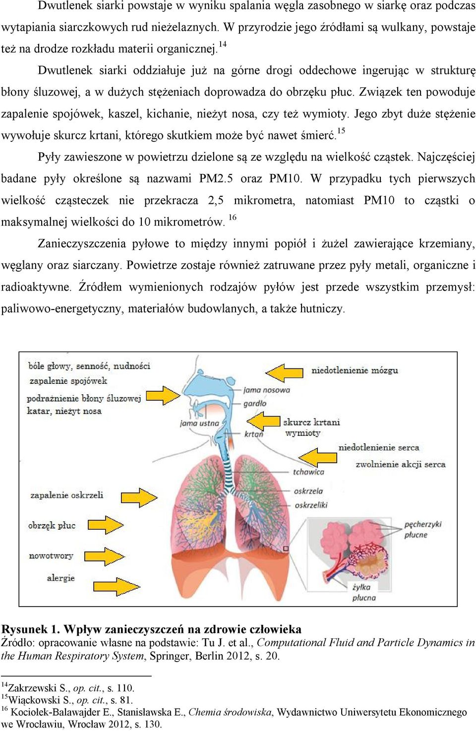 14 Dwutlenek siarki oddziałuje już na górne drogi oddechowe ingerując w strukturę błony śluzowej, a w dużych stężeniach doprowadza do obrzęku płuc.