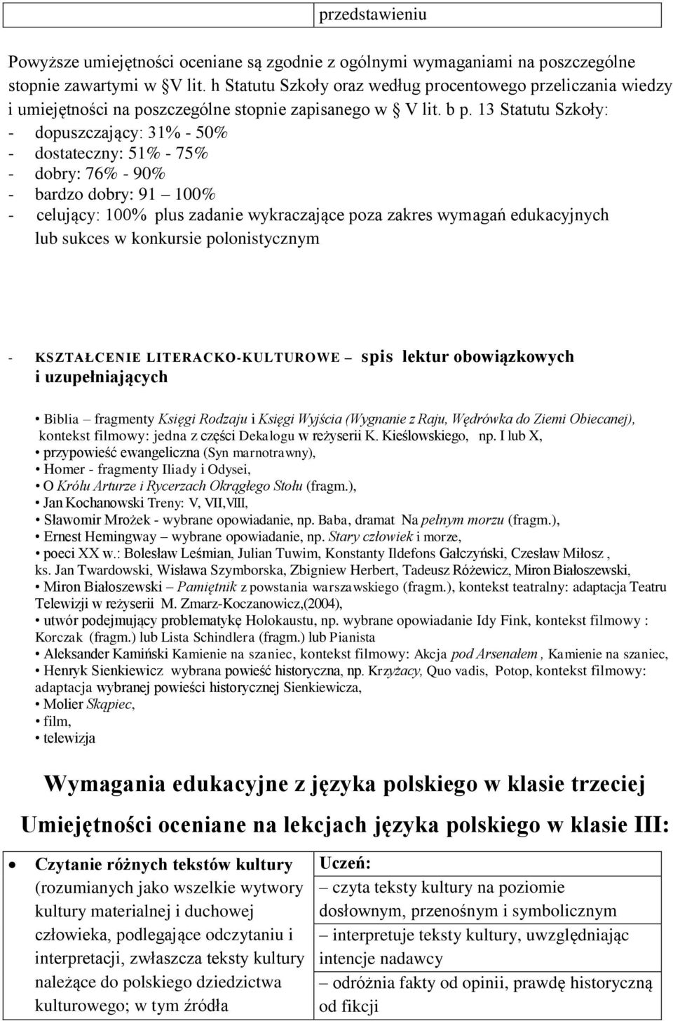 13 Statutu Szkoły: - dopuszczający: 31% - 50% - dostateczny: 51% - 75% - dobry: 76% - 90% - bardzo dobry: 91 100% - celujący: 100% plus zadanie wykraczające poza zakres wymagań edukacyjnych lub