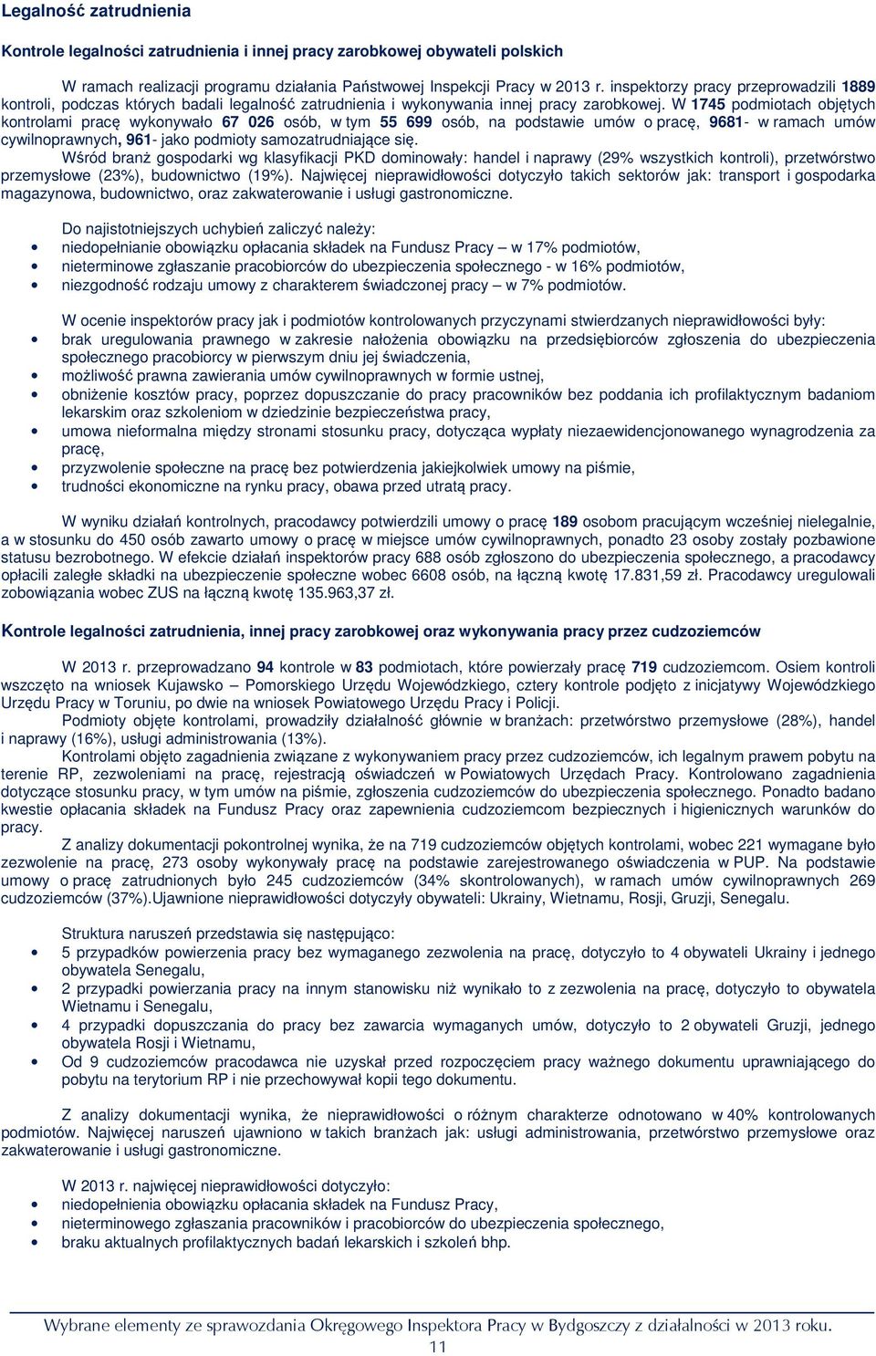 W 1745 podmiotach objętych kontrolami pracę wykonywało 67 026 osób, w tym 55 699 osób, na podstawie umów o pracę, 9681- w ramach umów cywilnoprawnych, 961- jako podmioty samozatrudniające się.