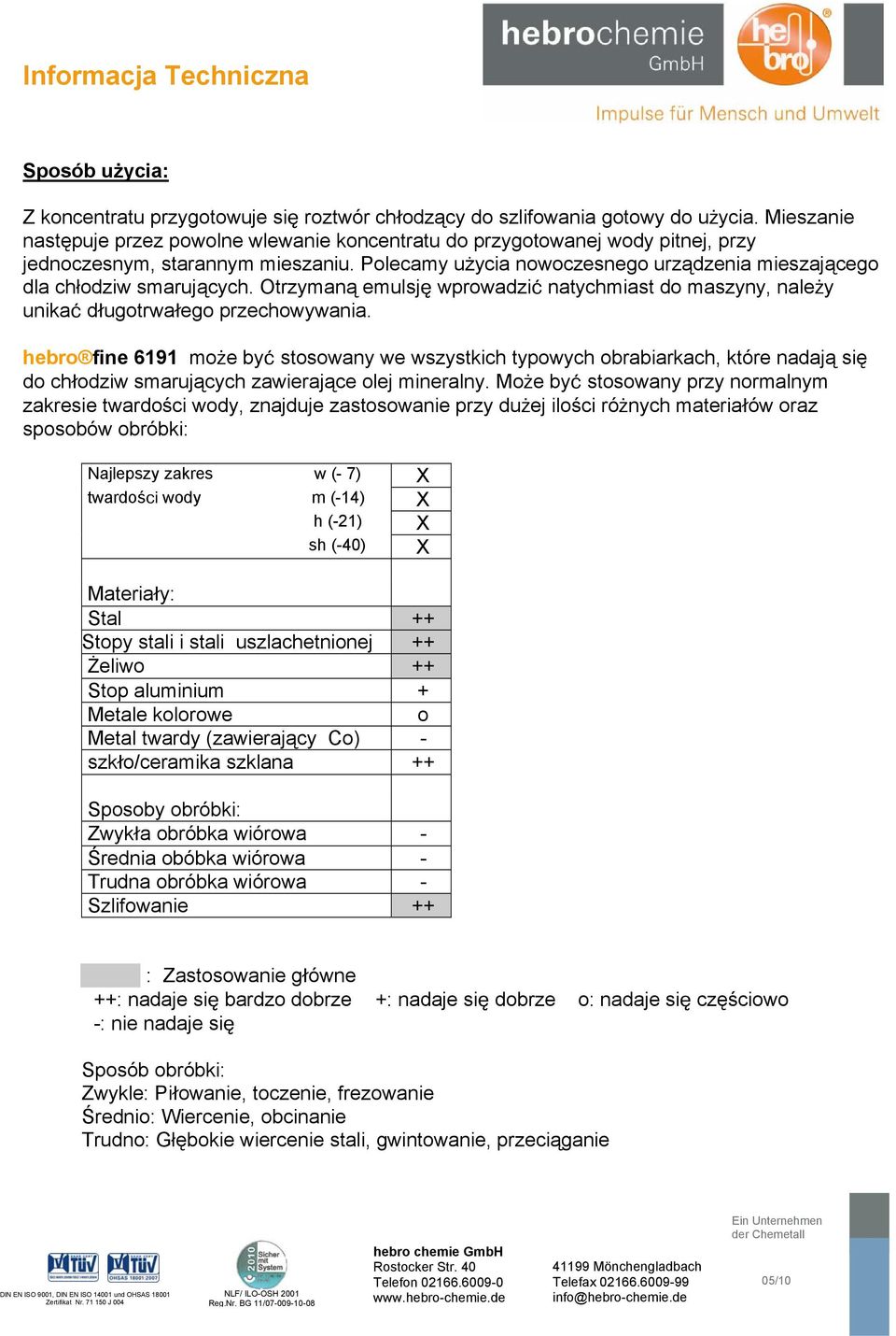 Polecamy użycia nowoczesnego urządzenia mieszającego dla chłodziw smarujących. Otrzymaną emulsję wprowadzić natychmiast do maszyny, należy unikać długotrwałego przechowywania.