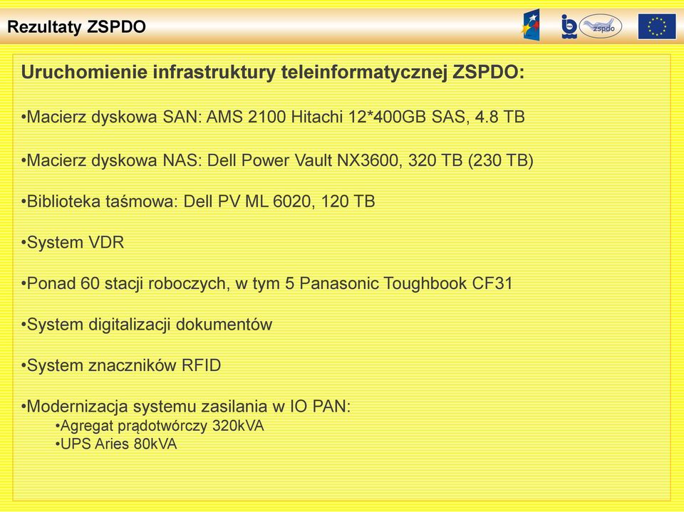 8 TB Macierz dyskowa NAS: Dell Power Vault NX3600, 320 TB (230 TB) Biblioteka taśmowa: Dell PV ML 6020, 120 TB