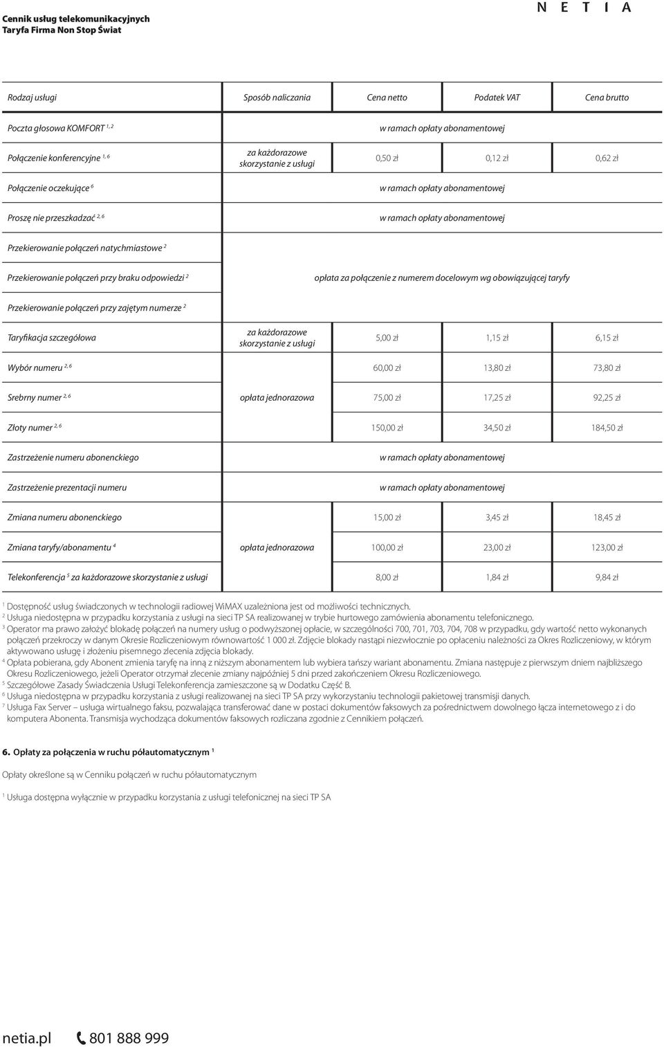 odpowiedzi opłata za połączenie z numerem docelowym wg obowiązującej taryfy Przekierowanie połączeń przy zajętym numerze Taryfikacja szczegółowa Wybór numeru, 6 za każdorazowe skorzystanie z usługi