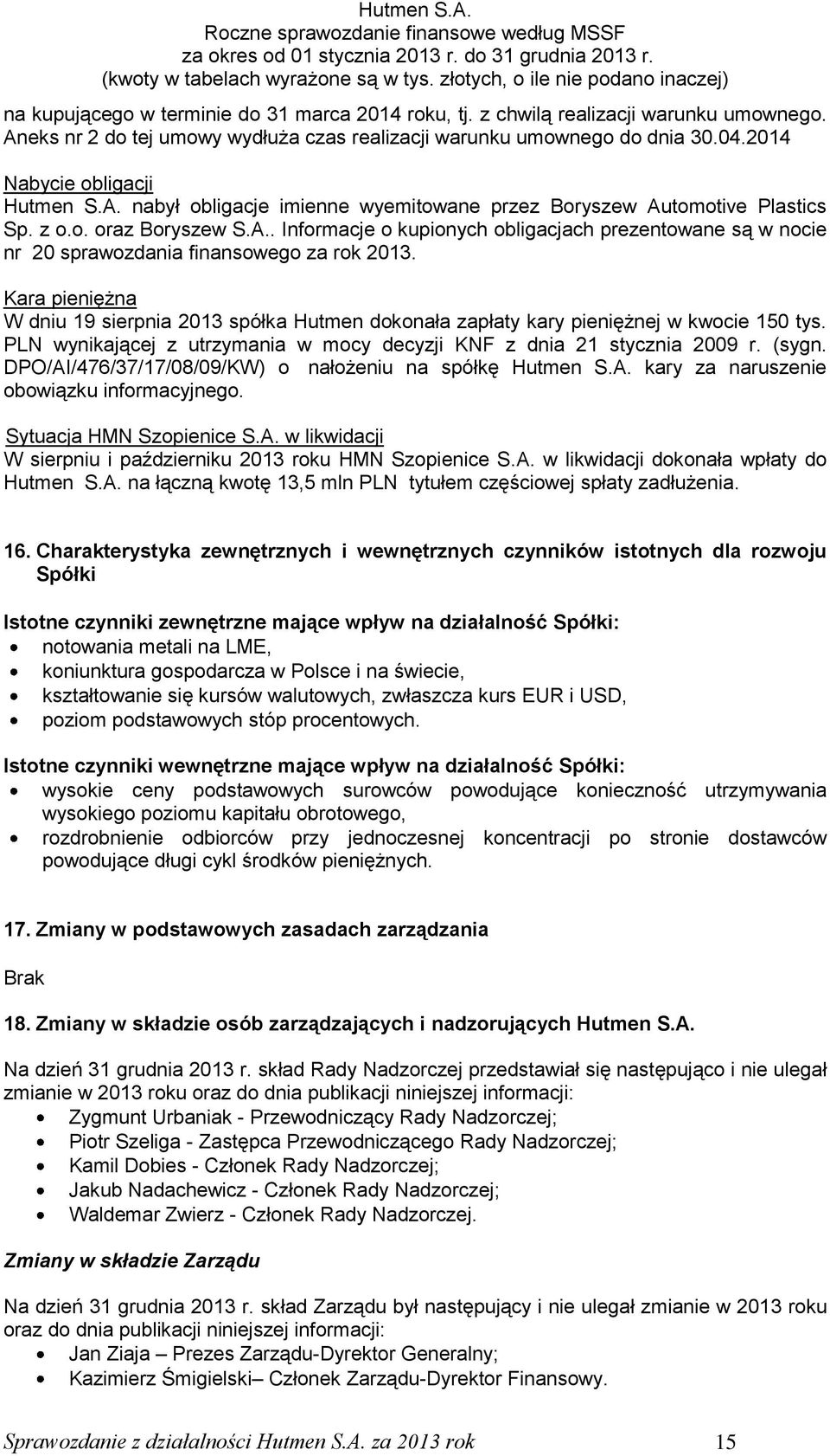 Kara pieniężna W dniu 19 sierpnia 2013 spółka Hutmen dokonała zapłaty kary pieniężnej w kwocie 150 tys. PLN wynikającej z utrzymania w mocy decyzji KNF z dnia 21 stycznia 2009 r. (sygn.