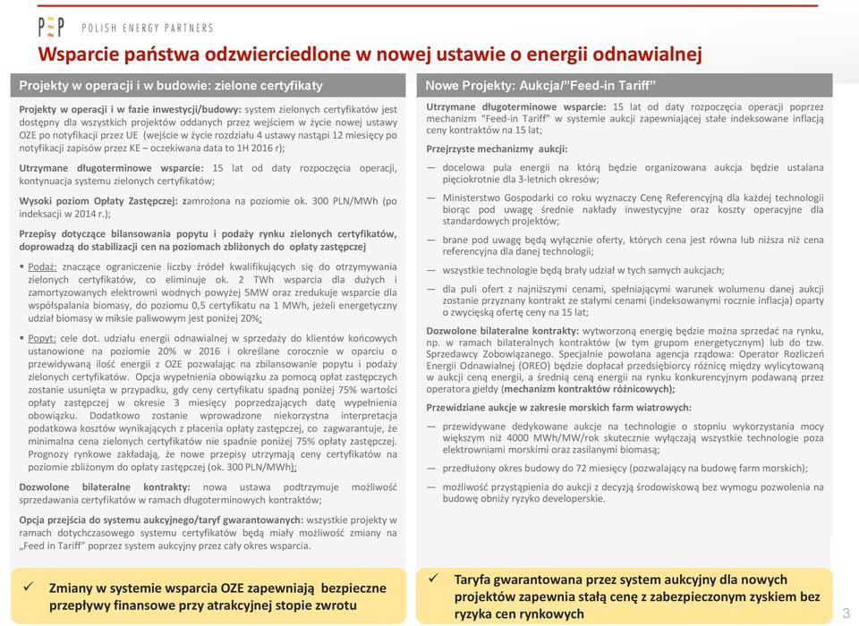 zapisów przez KE oczekiwana data to 1H 2016 r); Utrzymane długoterminowe wsparcie: 15 lat od daty rozpoczęcia operacji, kontynuacja systemu zielonych certyfikatów; Wysoki poziom Opłaty Zastępczej: