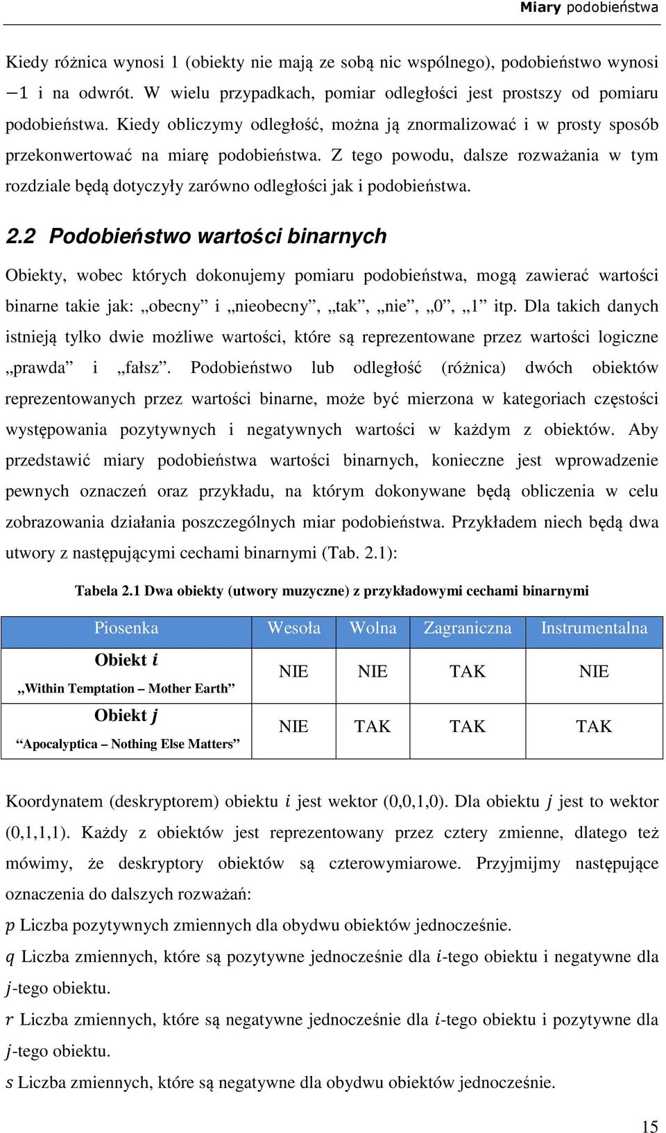 Z tego powodu, dalsze rozważania w tym rozdziale będą dotyczyły zarówno odległości jak i podobieństwa. 2.