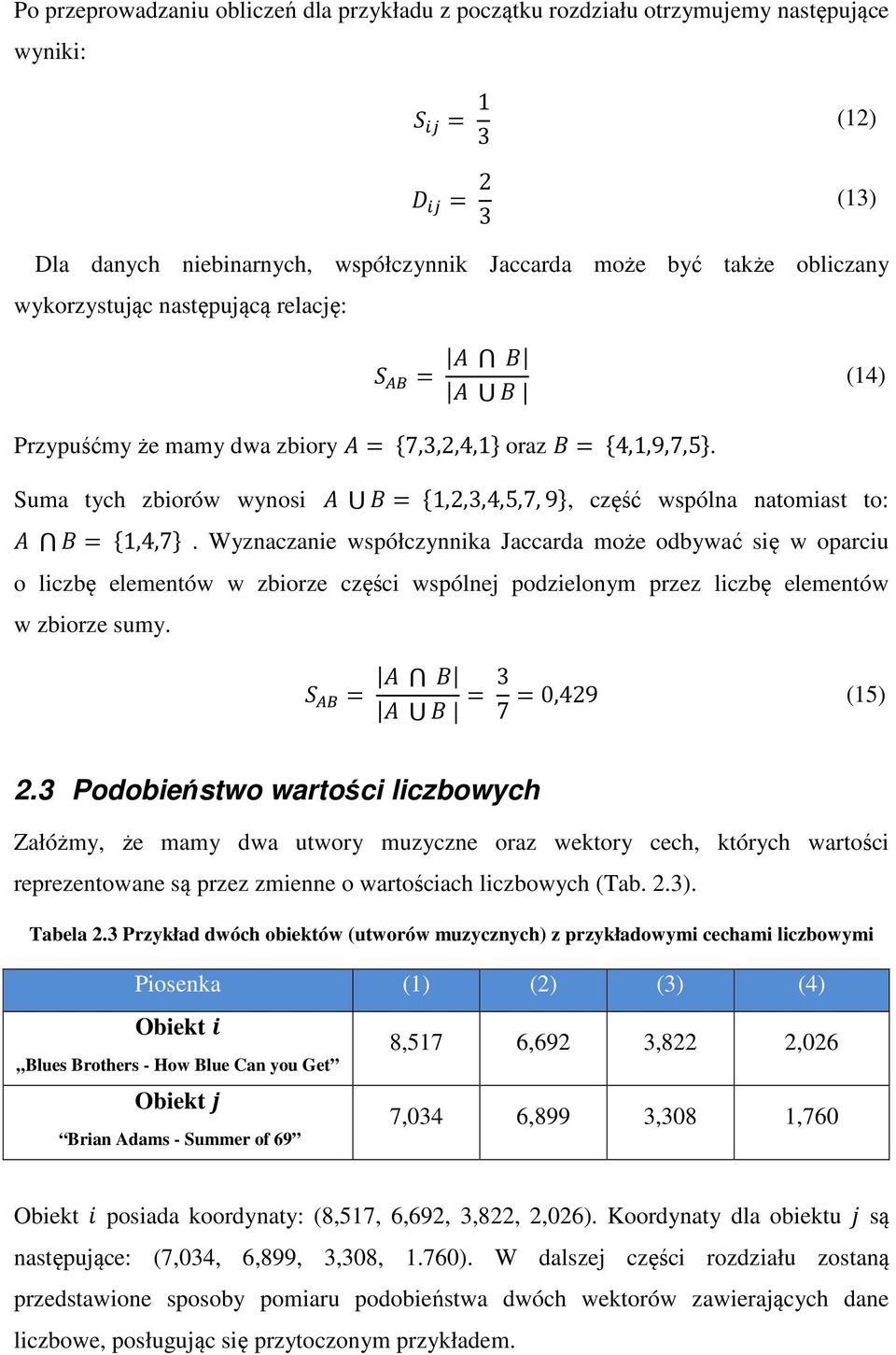 Wyznaczanie współczynnika Jaccarda może odbywać się w oparciu o liczbę elementów w zbiorze części wspólnej podzielonym przez liczbę elementów w zbiorze sumy. = = 3 = 0,429 (15) 7 2.