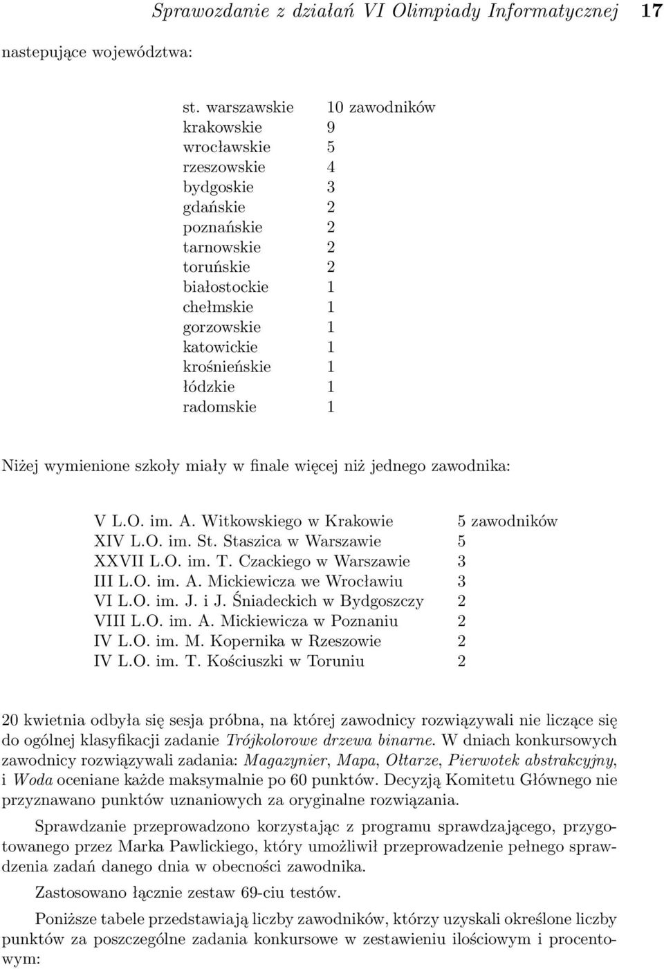 łódzkie 1 radomskie 1 Niżej wymienione szkoły miały w finale więcej niż jednego zawodnika: V L.O. im. A. Witkowskiego w Krakowie 5 zawodników XIV L.O. im. St. Staszica w Warszawie 5 XXVII L.O. im. T.