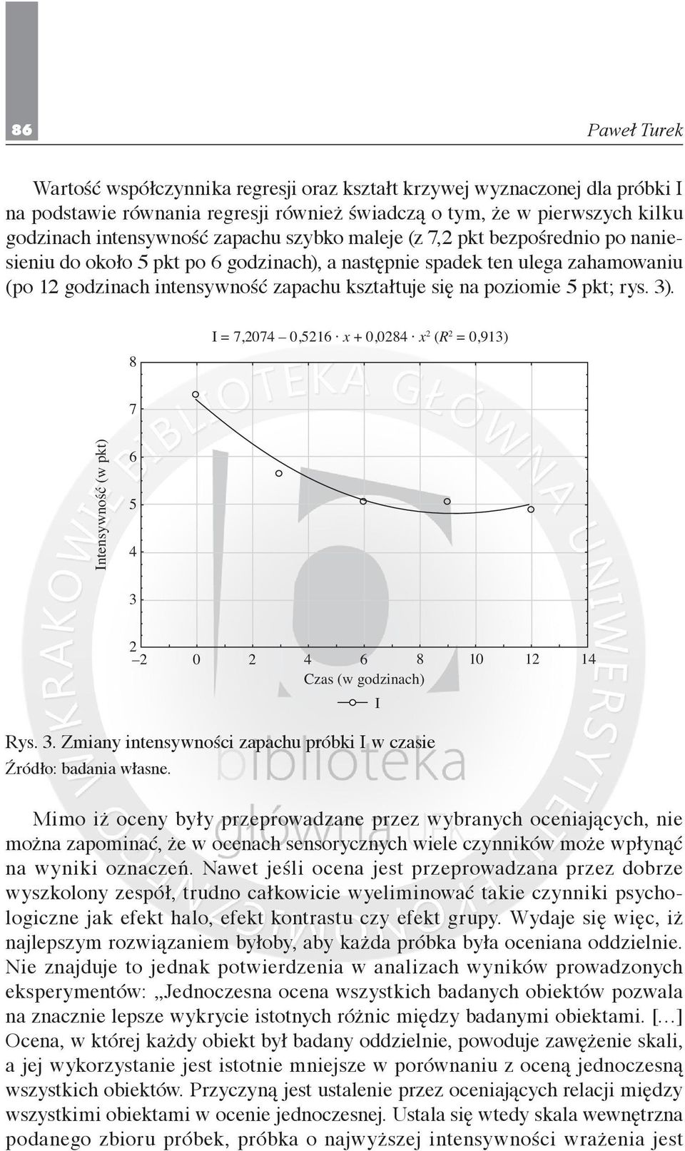 8 I = 7,2074 0,5216 x + 0,0284 x 2 (R 2 = 0,913) 7 Intensywność (w pkt) 6 5 4 3 