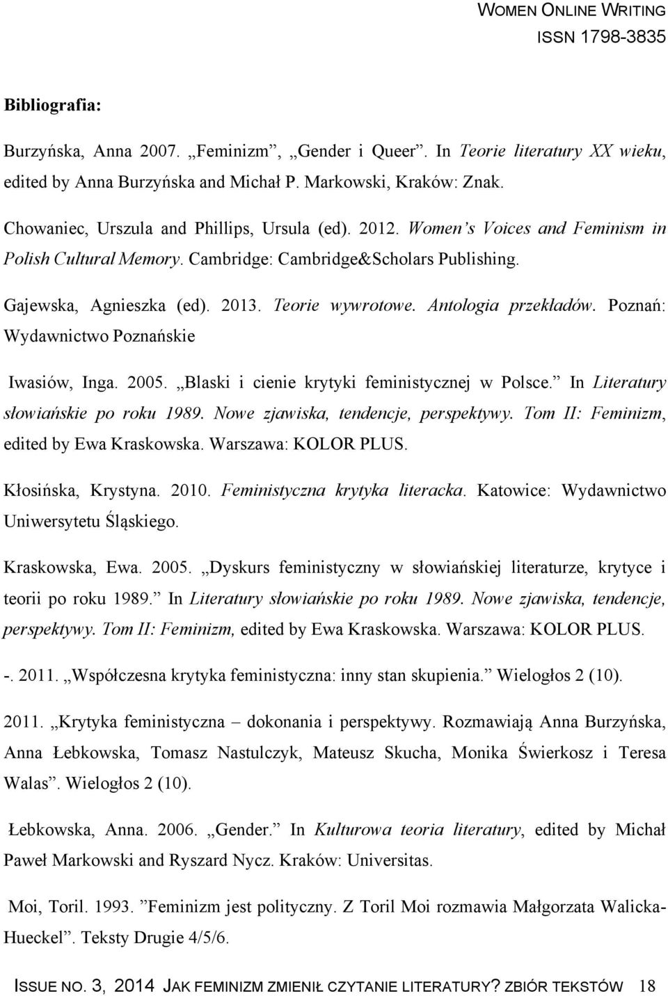 Antologia przekładów. Poznań: Wydawnictwo Poznańskie Iwasiów, Inga. 2005. Blaski i cienie krytyki feministycznej w Polsce. In Literatury słowiańskie po roku 1989.