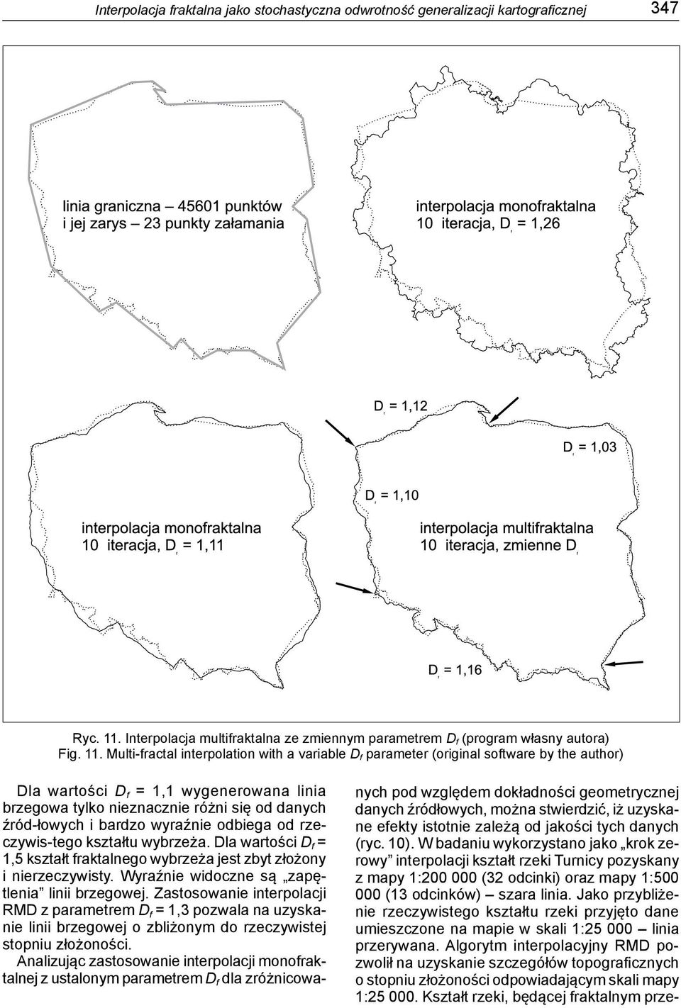 Multi-fractal interpolation with a variable D f parameter (original software by the author) Dla wartości D f = 1,1 wygenerowana linia brzegowa tylko nieznacznie różni się od danych źród-łowych i