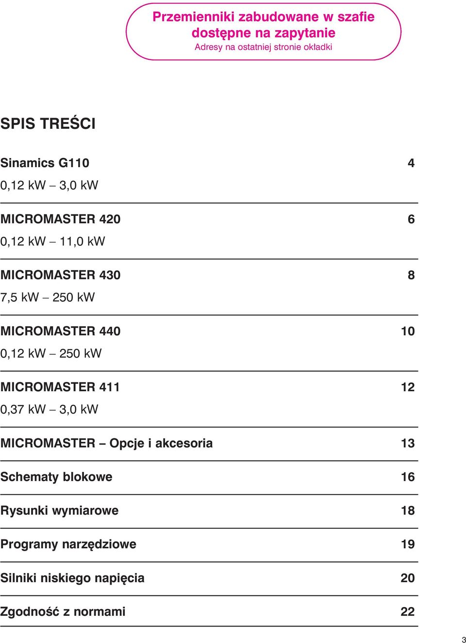 MICROMASTER 440 10 0,12 kw 250 kw MICROMASTER 411 12 0,37 kw 3,0 kw MICROMASTER Opcje i akcesoria 13