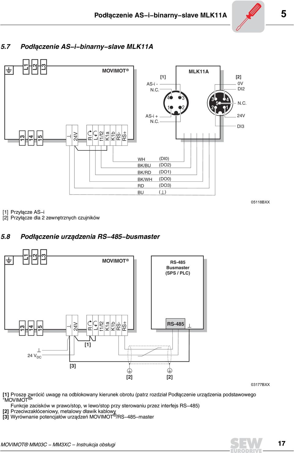 AS-i + N.C. 24V DI3 24V R L f1/f2 K1a K1b RS- RS+ WH BK/BU BK/RD BK/WH RD BU (DI) (DO2) (DO1) (DO) (DO3) ( ) 5118BXX [1] Przy³¹cze AS-i [2] Przy³¹cze dla 2 zewnêtrznych czujników 5.