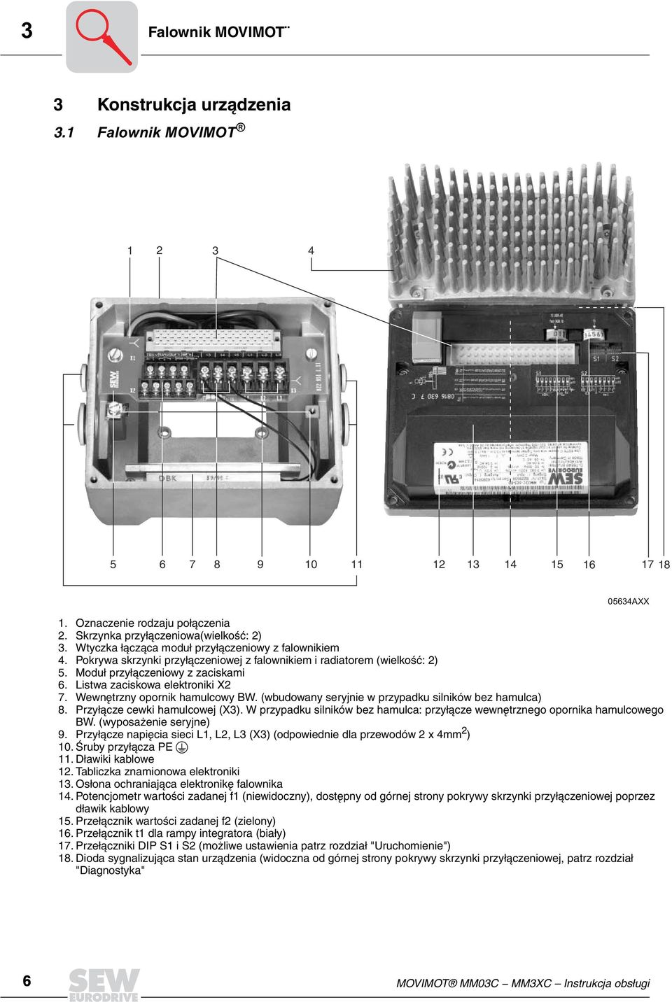 Listwa zaciskowa elektroniki X2 7. Wewnêtrzny opornik hamulcowy BW. (wbudowany seryjnie w przypadku silników bez hamulca) 8. Przy³¹cze cewki hamulcowej (X3).