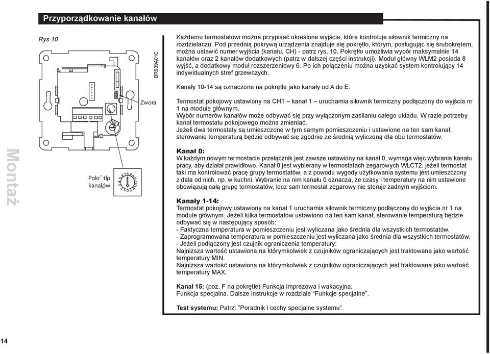 Pokrętło umożliwia wybór maksymalnie 14 kanałów oraz 2 kanałów dodatkowych (patrz w dalszej części instrukcji). Moduł główny WLM2 posiada 8 wyjść, a dodatkowy moduł rozszerzeniowy 6.
