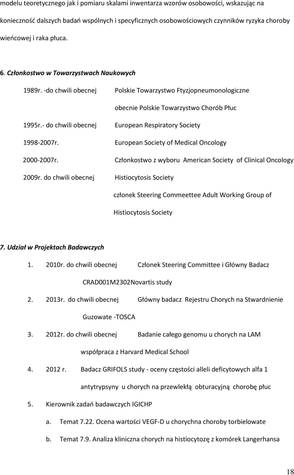 2000-2007r. European Respiratory Society European Society of Medical Oncology Członkostwo z wyboru American Society of Clinical Oncology 2009r.