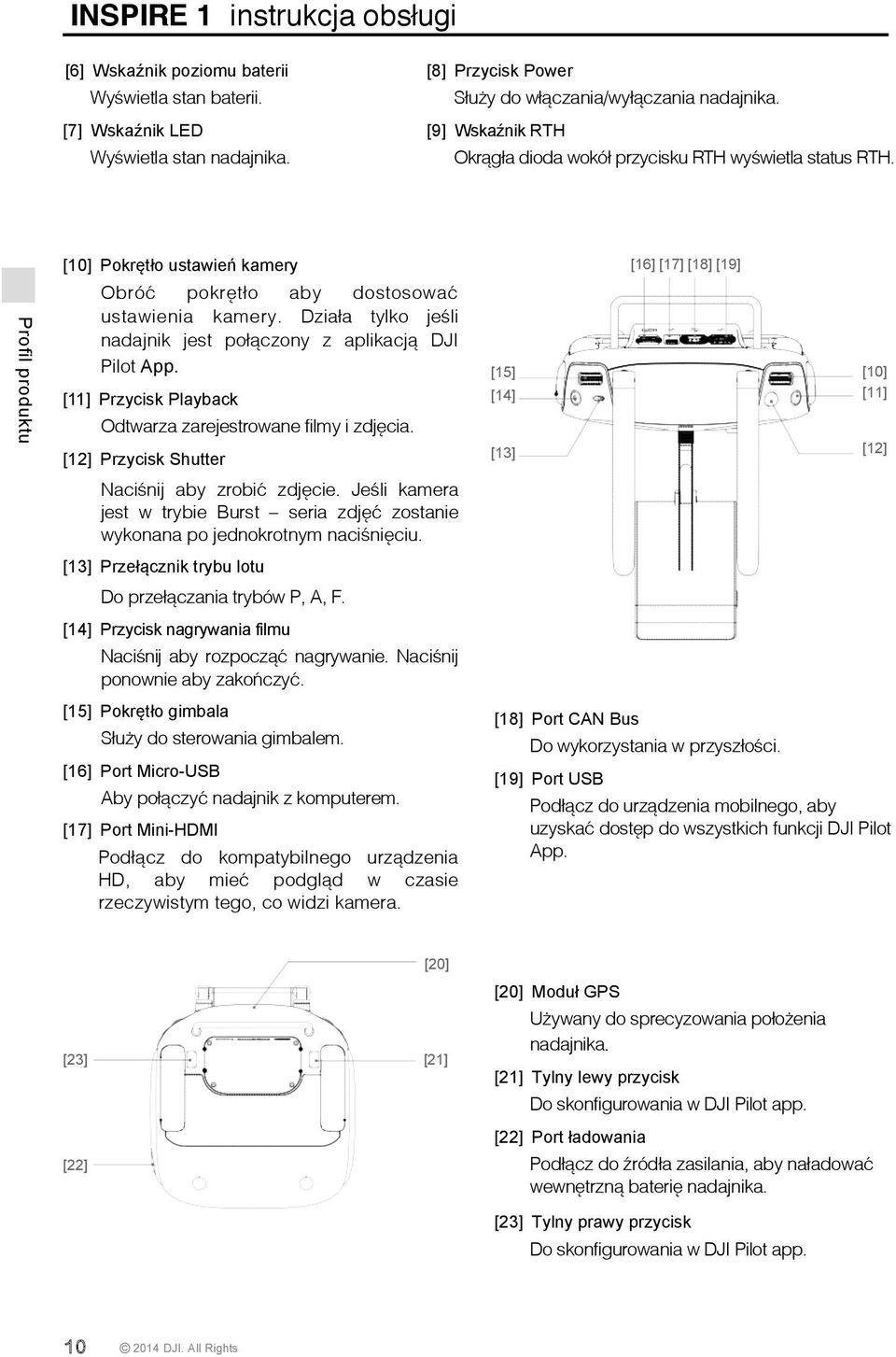 Działa tylko jeśli nadajnik jest połączony z aplikacją DJI Pilot App. [11] Przycisk Playback Odtwarza zarejestrowane filmy i zdjęcia. [12] Przycisk Shutter Naciśnij aby zrobić zdjęcie.