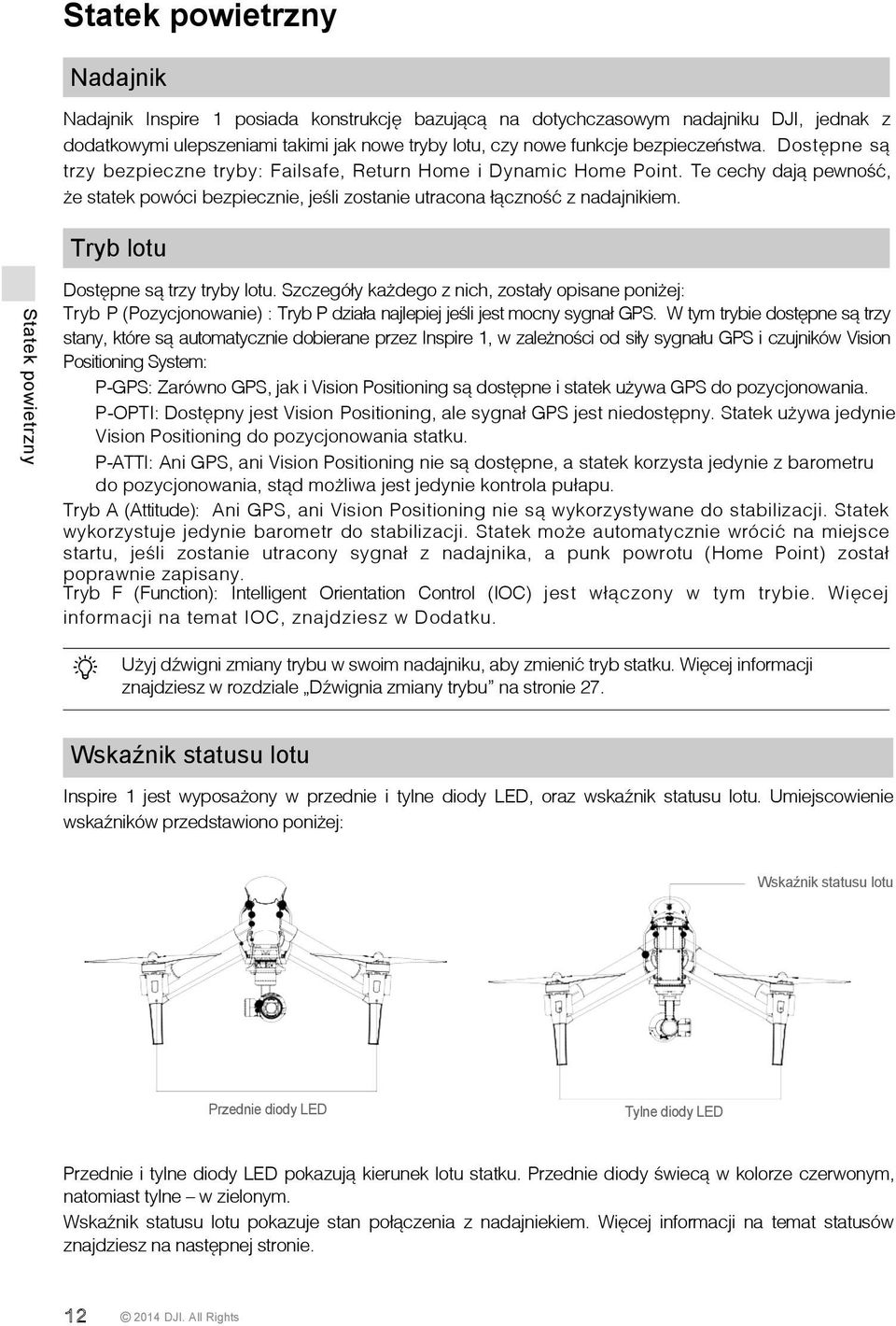 Tryb lotu Statek powietrzny Dostępne są trzy tryby lotu. Szczegóły każdego z nich, zostały opisane poniżej: Tryb P (Pozycjonowanie) : Tryb P działa najlepiej jeśli jest mocny sygnał GPS.