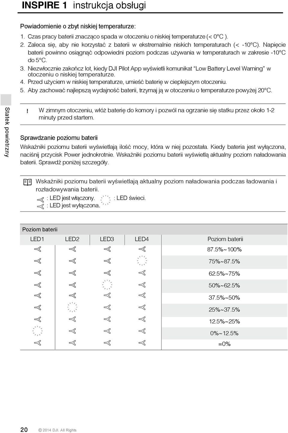 Niezwłocznie zakończ lot, kiedy DJI Pilot App wyświetli komunikat Low Battery Level Warning w otoczeniu o niskiej temperaturze. 4.