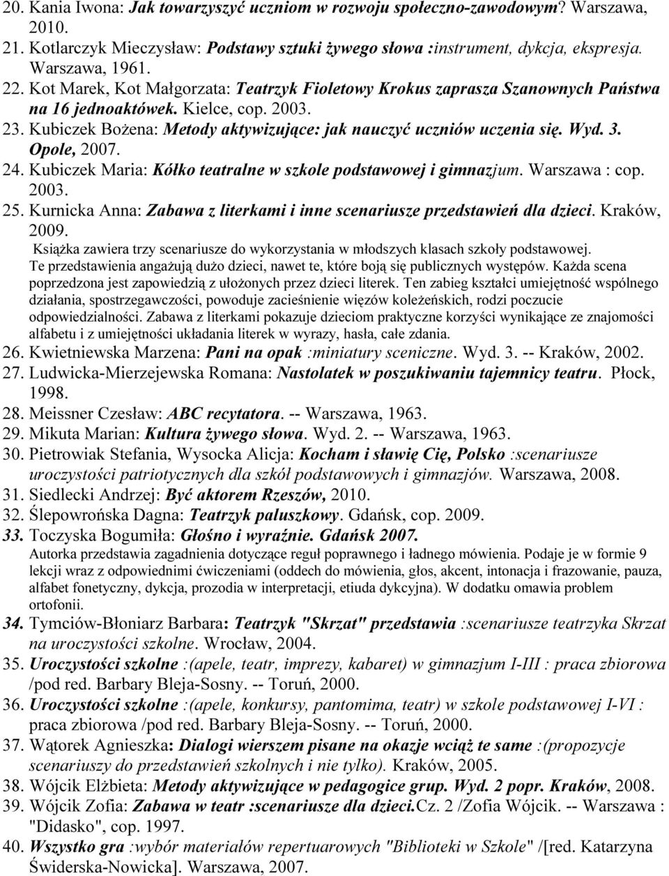 3. Opole, 2007. 24. Kubiczek Maria: Kółko teatralne w szkole podstawowej i gimnazjum. Warszawa : cop. 2003. 25. Kurnicka Anna: Zabawa z literkami i inne scenariusze przedstawień dla dzieci.