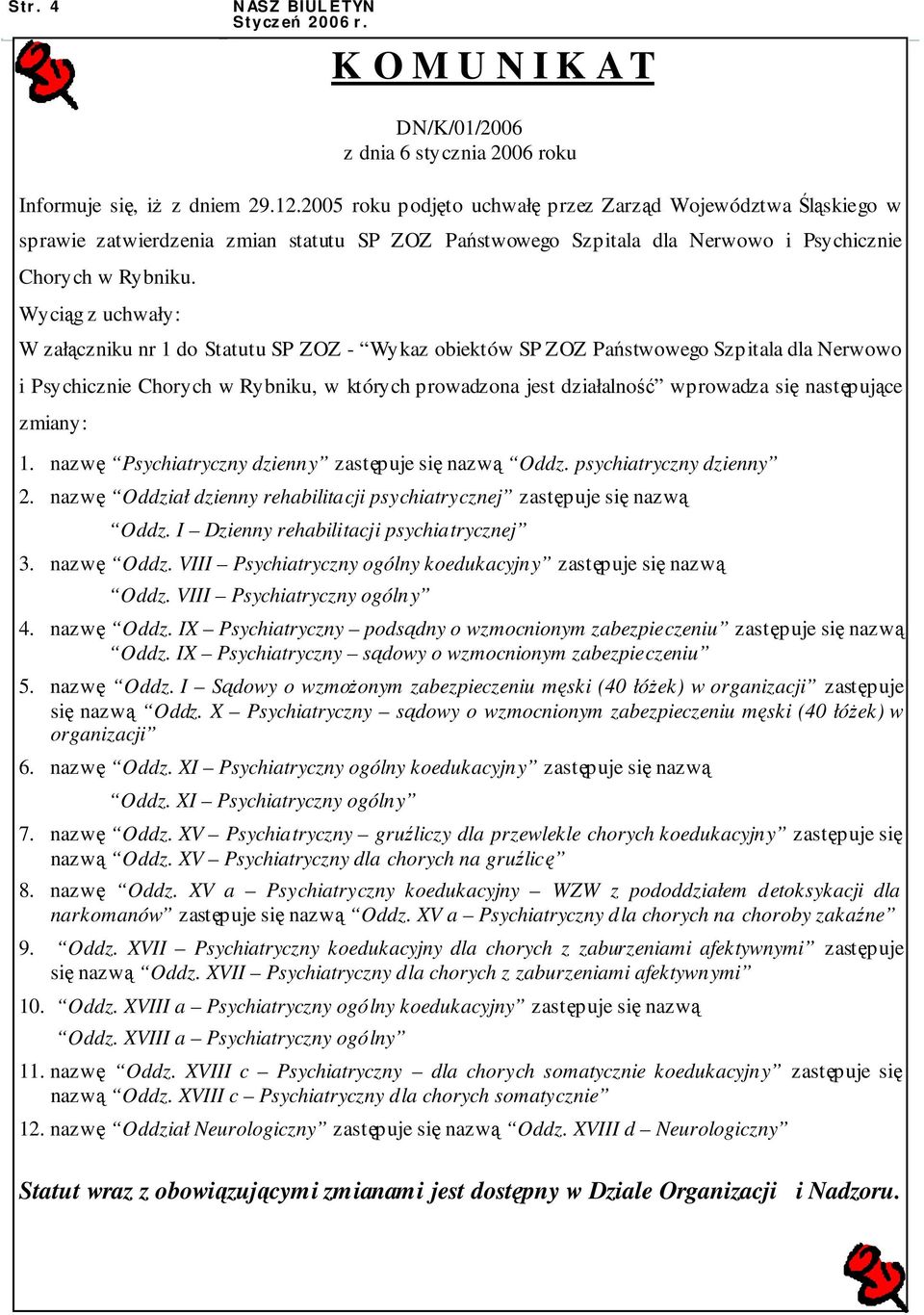 Wyciąg z uchwały: W załączniku nr 1 do Statutu SP ZOZ - Wykaz obiektów SP ZOZ Państwowego Szpitala dla Nerwowo i Psychicznie Chorych w Rybniku, w których prowadzona jest działalność wprowadza się