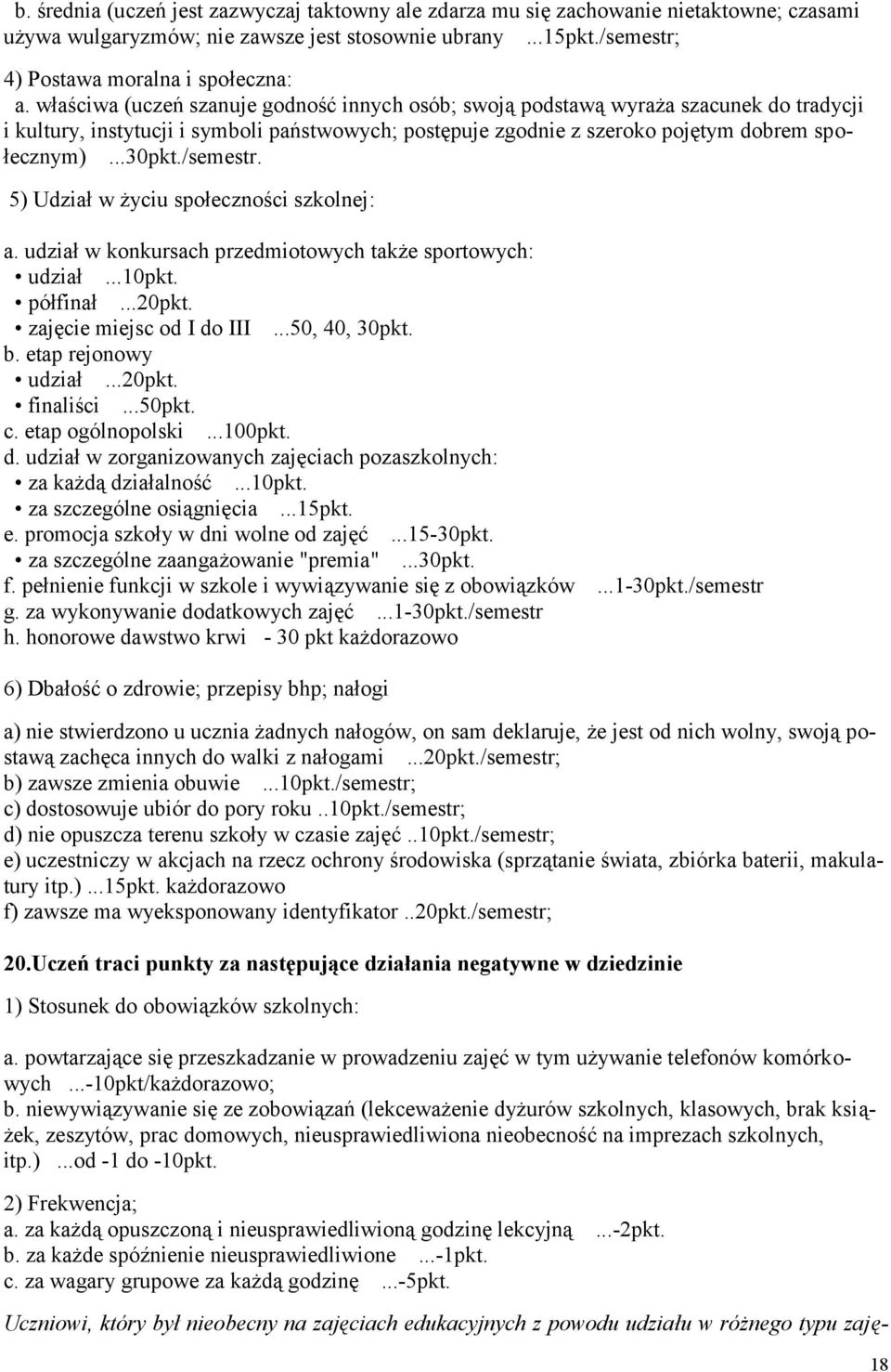 /semestr. 5) Udział w życiu społeczności szkolnej: a. udział w konkursach przedmiotowych także sportowych: udział...10pkt. półfinał...20pkt. zajęcie miejsc od I do III...50, 40, 30pkt. b.